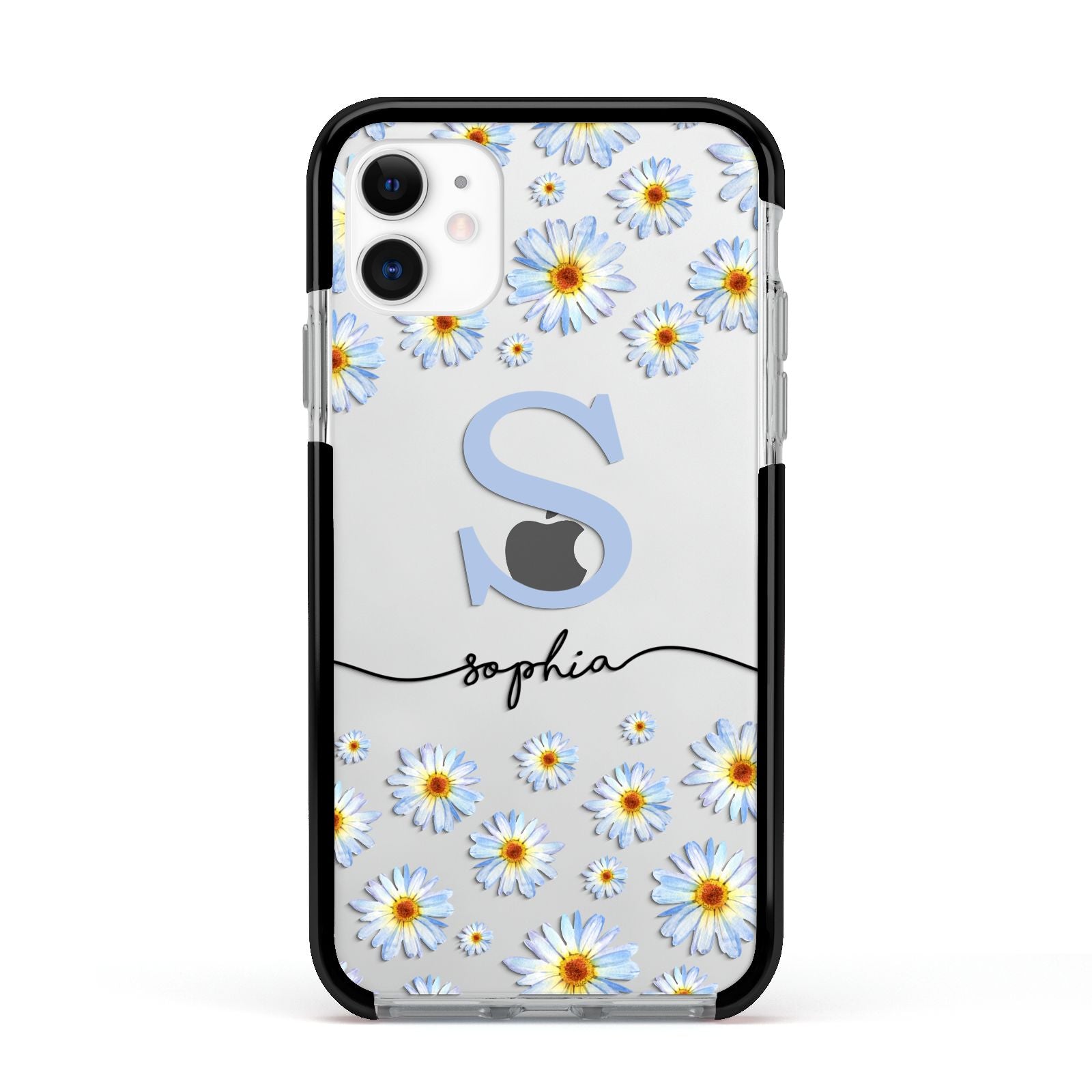 Personalised Daisy Initial Name Apple iPhone 11 in White with Black Impact Case