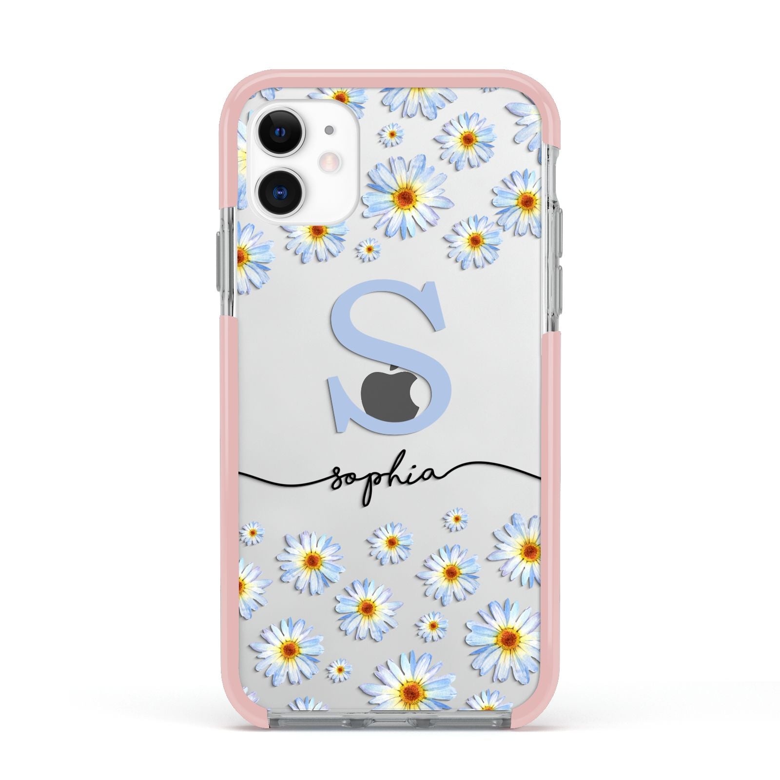 Personalised Daisy Initial Name Apple iPhone 11 in White with Pink Impact Case