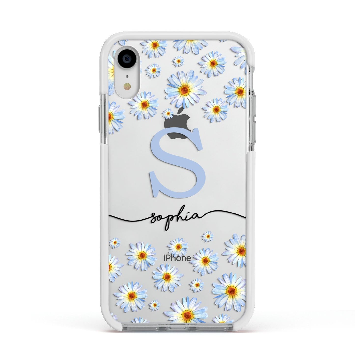 Personalised Daisy Initial Name Apple iPhone XR Impact Case White Edge on Silver Phone