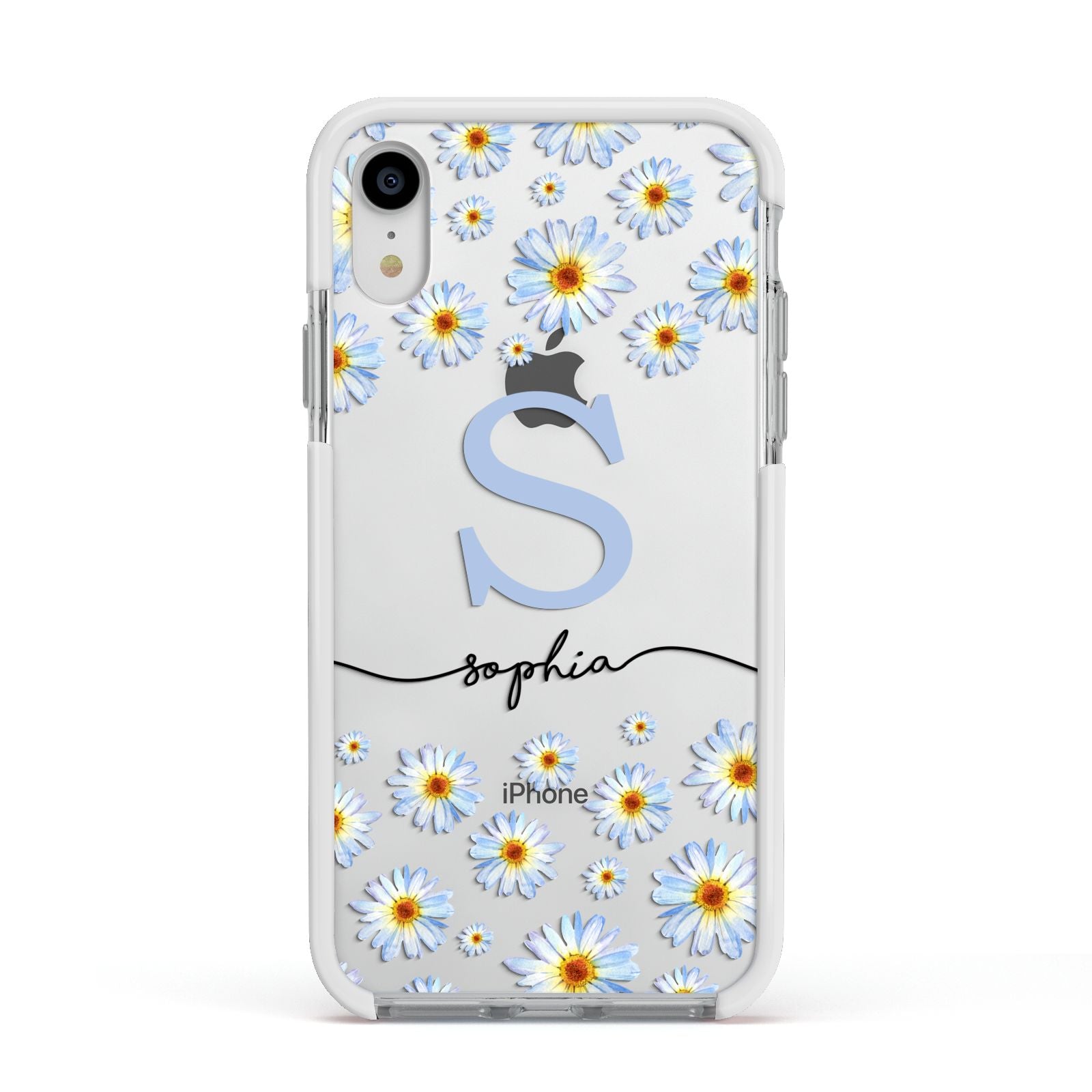 Personalised Daisy Initial Name Apple iPhone XR Impact Case White Edge on Silver Phone