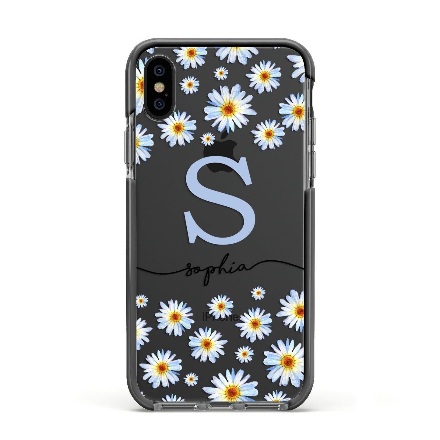Personalised Daisy Initial Name Apple iPhone Xs Impact Case Black Edge on Black Phone