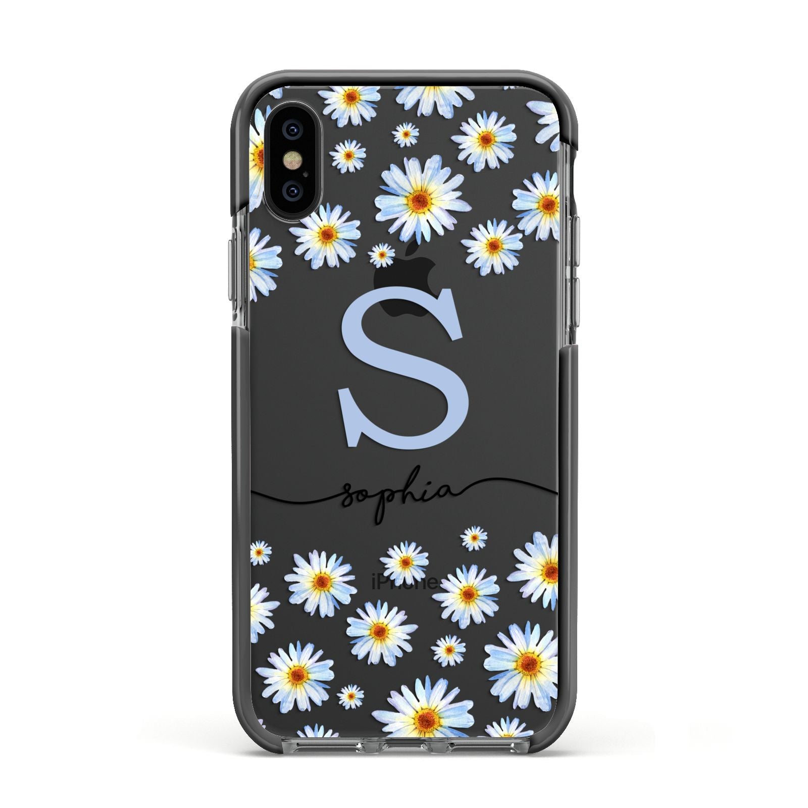 Personalised Daisy Initial Name Apple iPhone Xs Impact Case Black Edge on Black Phone