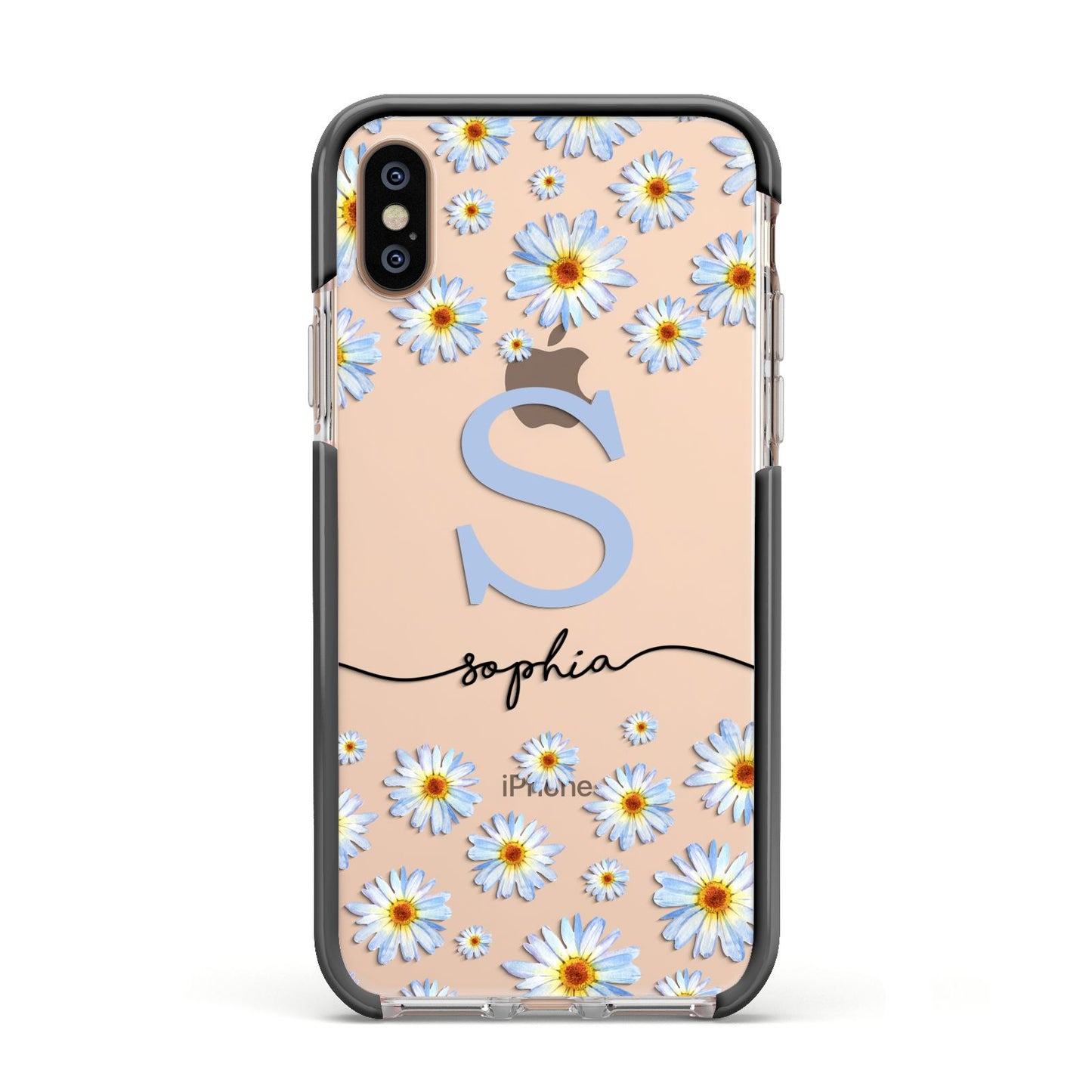 Personalised Daisy Initial Name Apple iPhone Xs Impact Case Black Edge on Gold Phone
