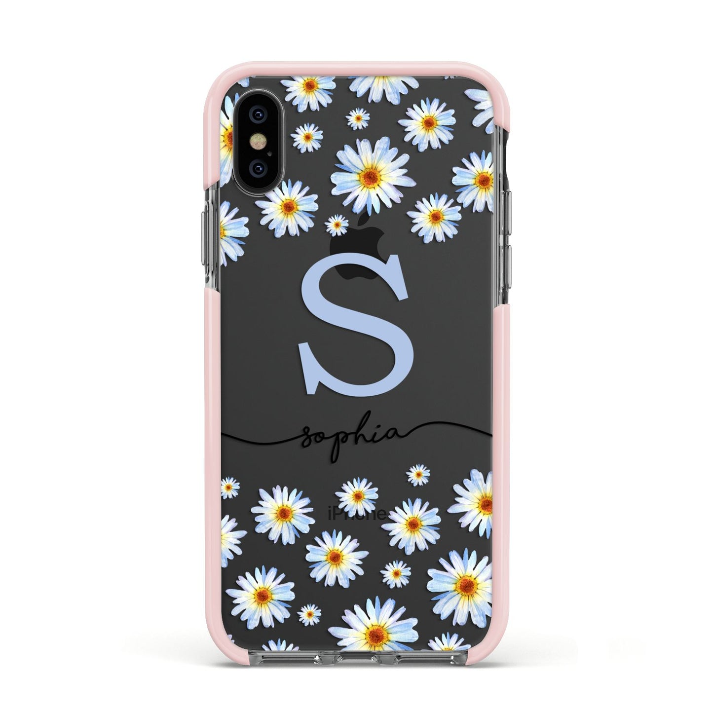 Personalised Daisy Initial Name Apple iPhone Xs Impact Case Pink Edge on Black Phone