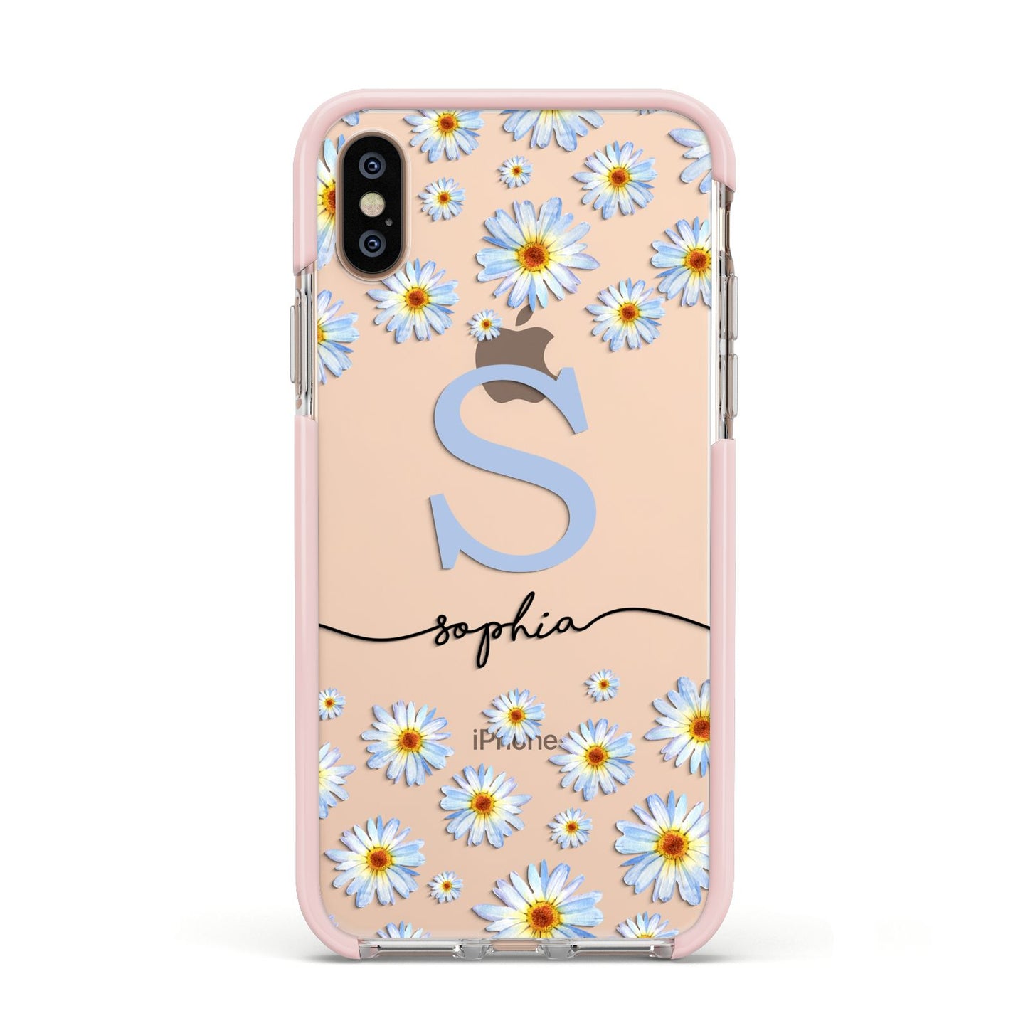 Personalised Daisy Initial Name Apple iPhone Xs Impact Case Pink Edge on Gold Phone