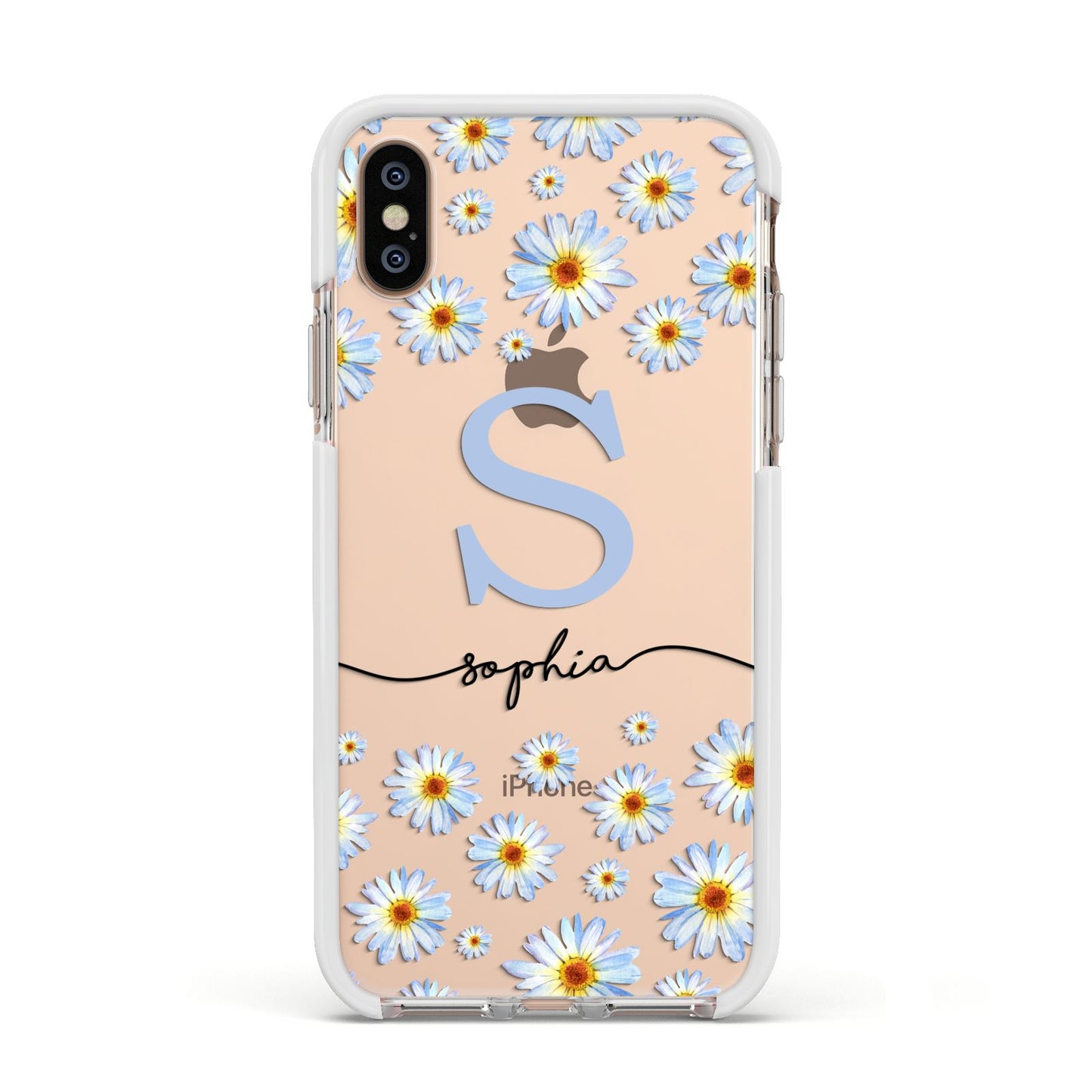Personalised Daisy Initial Name Apple iPhone Xs Impact Case White Edge on Gold Phone