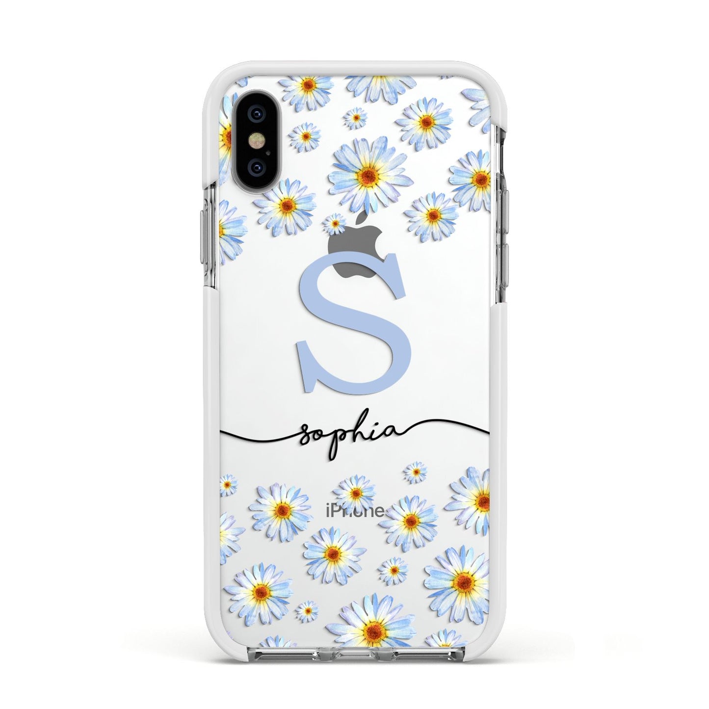 Personalised Daisy Initial Name Apple iPhone Xs Impact Case White Edge on Silver Phone
