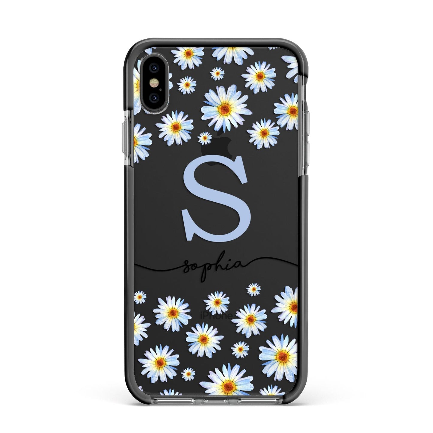 Personalised Daisy Initial Name Apple iPhone Xs Max Impact Case Black Edge on Black Phone