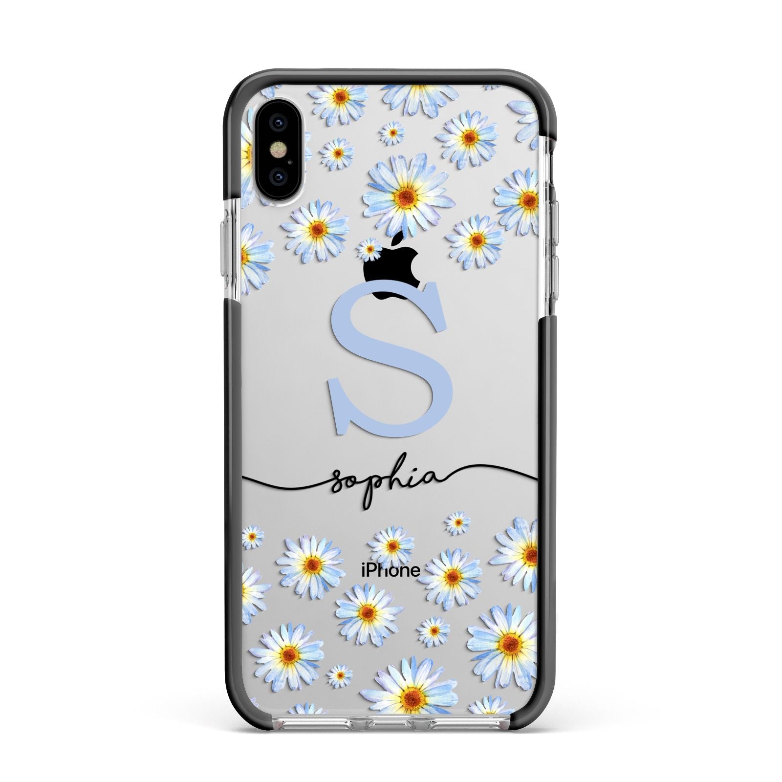 Personalised Daisy Initial Name Apple iPhone Xs Max Impact Case Black Edge on Silver Phone