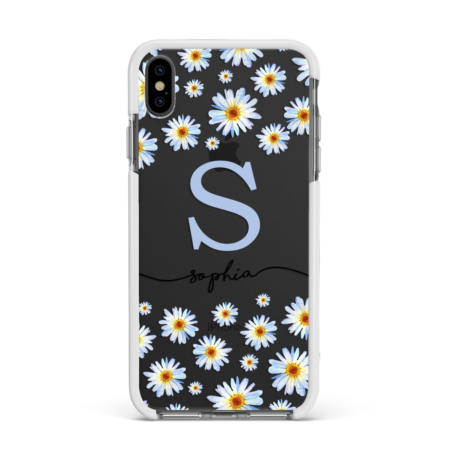 Personalised Daisy Initial Name Apple iPhone Xs Max Impact Case White Edge on Black Phone