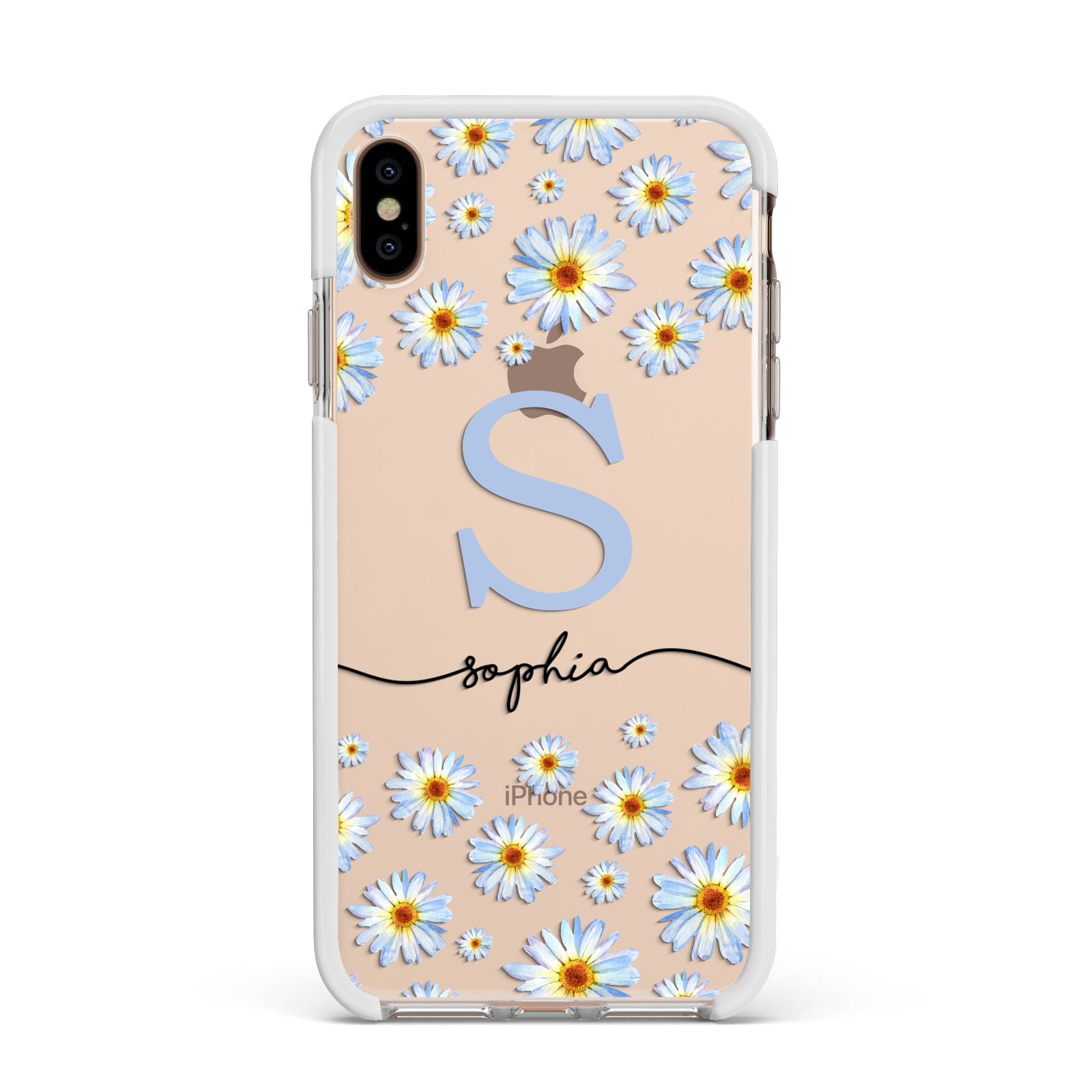 Personalised Daisy Initial Name Apple iPhone Xs Max Impact Case White Edge on Gold Phone