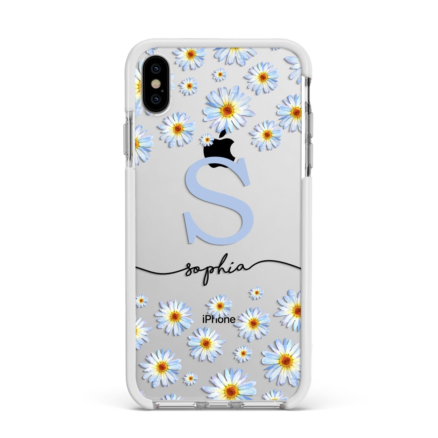 Personalised Daisy Initial Name Apple iPhone Xs Max Impact Case White Edge on Silver Phone