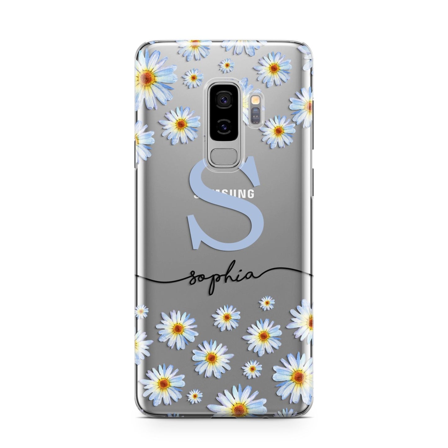 Personalised Daisy Initial Name Samsung Galaxy S9 Plus Case on Silver phone
