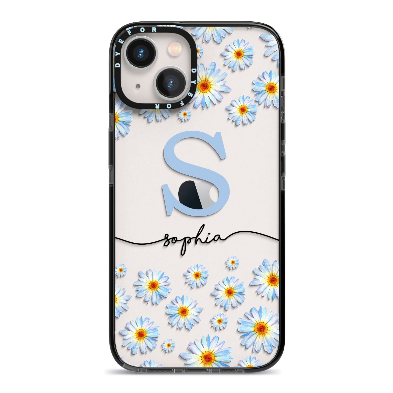 Personalised Daisy Initial Name iPhone 13 Black Impact Case on Silver phone