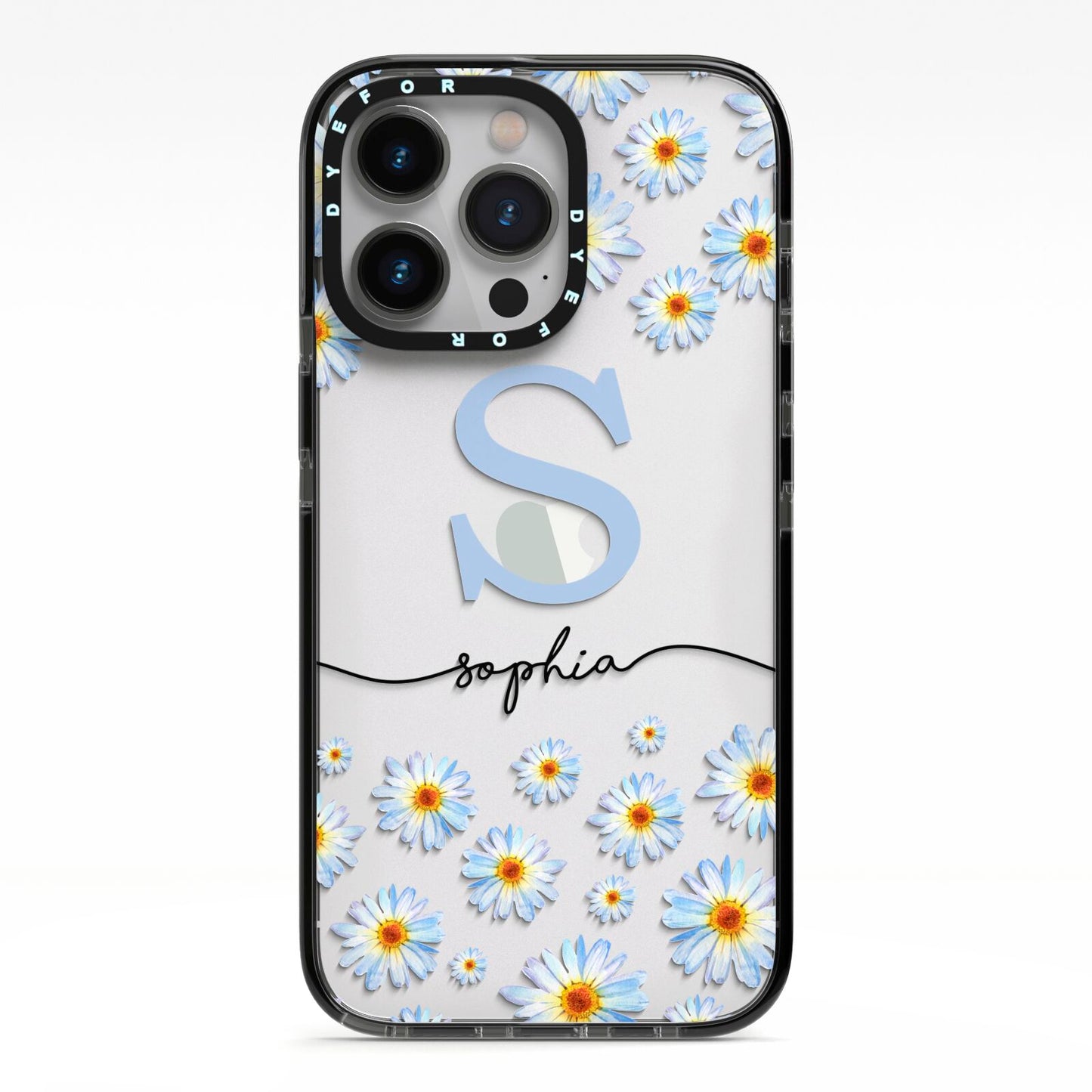 Personalised Daisy Initial Name iPhone 13 Pro Black Impact Case on Silver phone