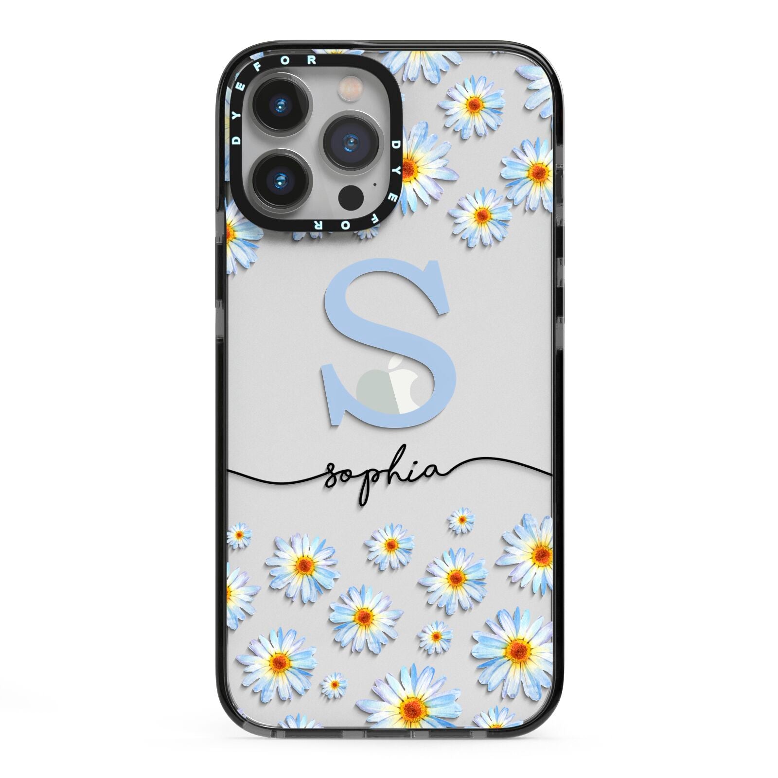 Personalised Daisy Initial Name iPhone 13 Pro Max Black Impact Case on Silver phone