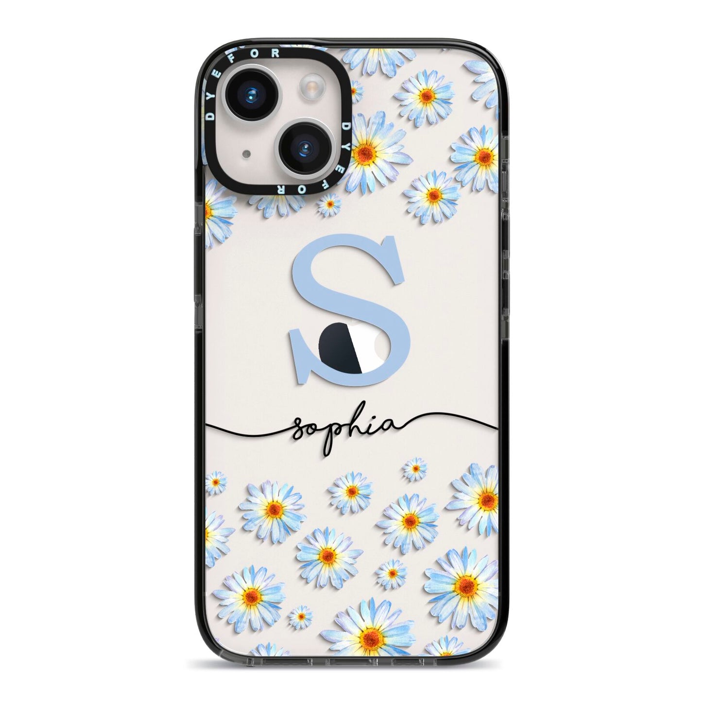 Personalised Daisy Initial Name iPhone 14 Black Impact Case on Silver phone