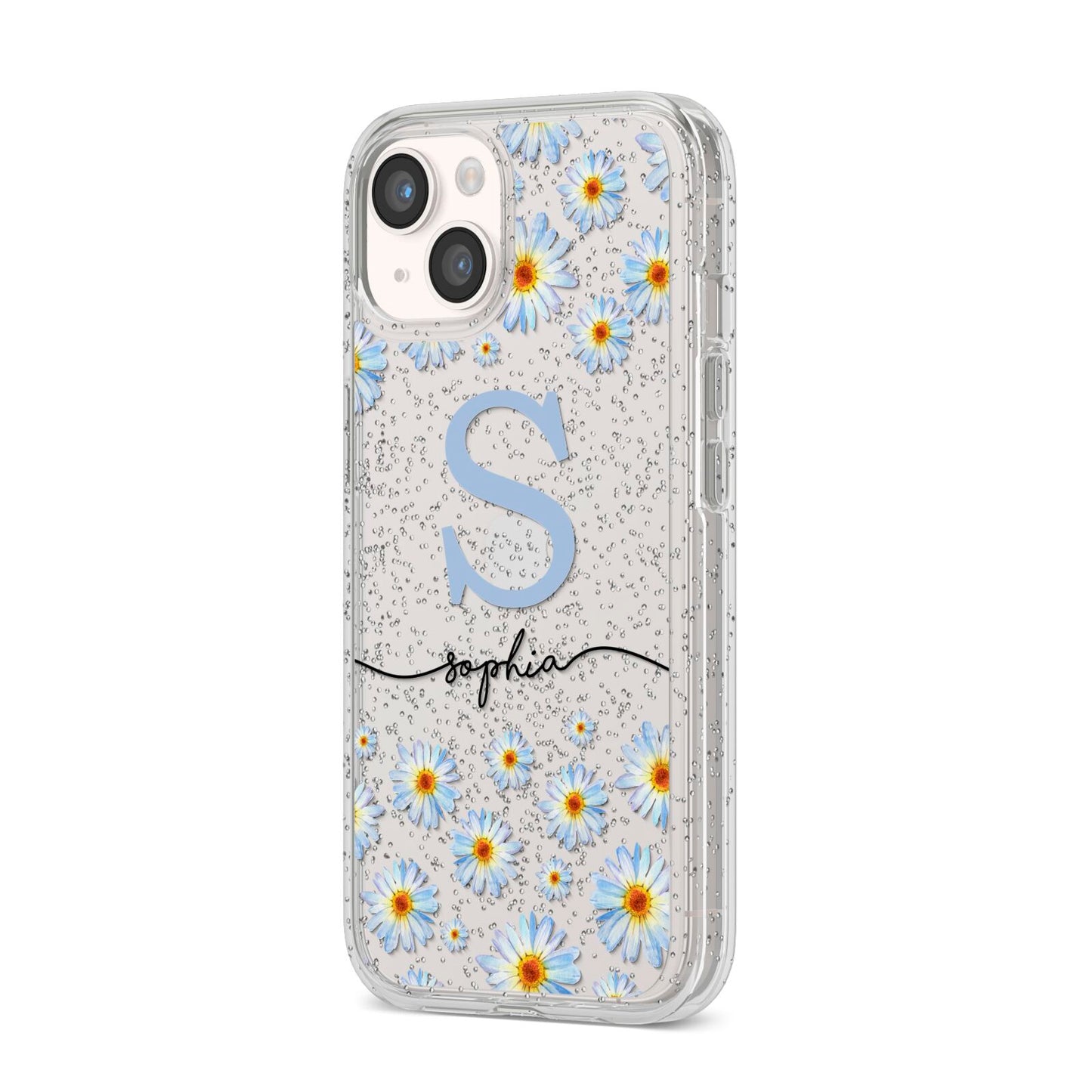 Personalised Daisy Initial Name iPhone 14 Glitter Tough Case Starlight Angled Image