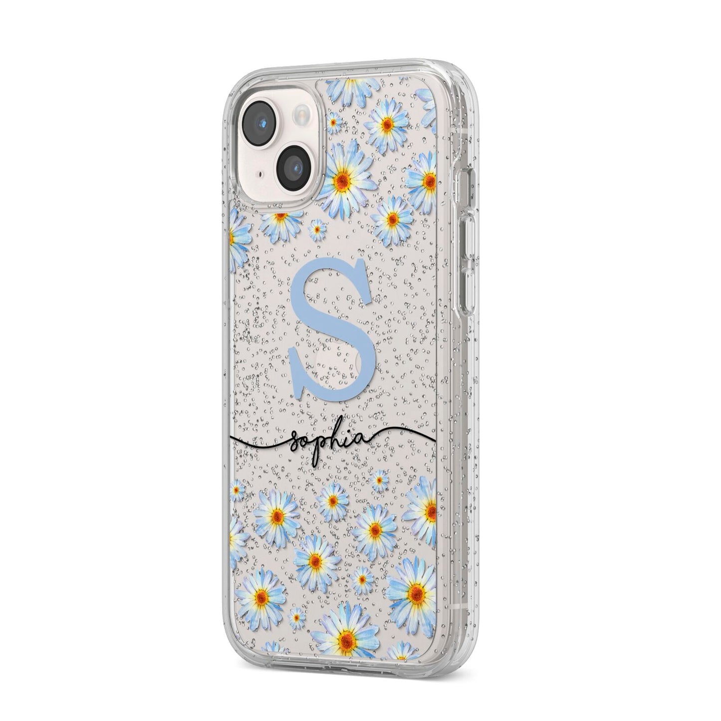 Personalised Daisy Initial Name iPhone 14 Plus Glitter Tough Case Starlight Angled Image