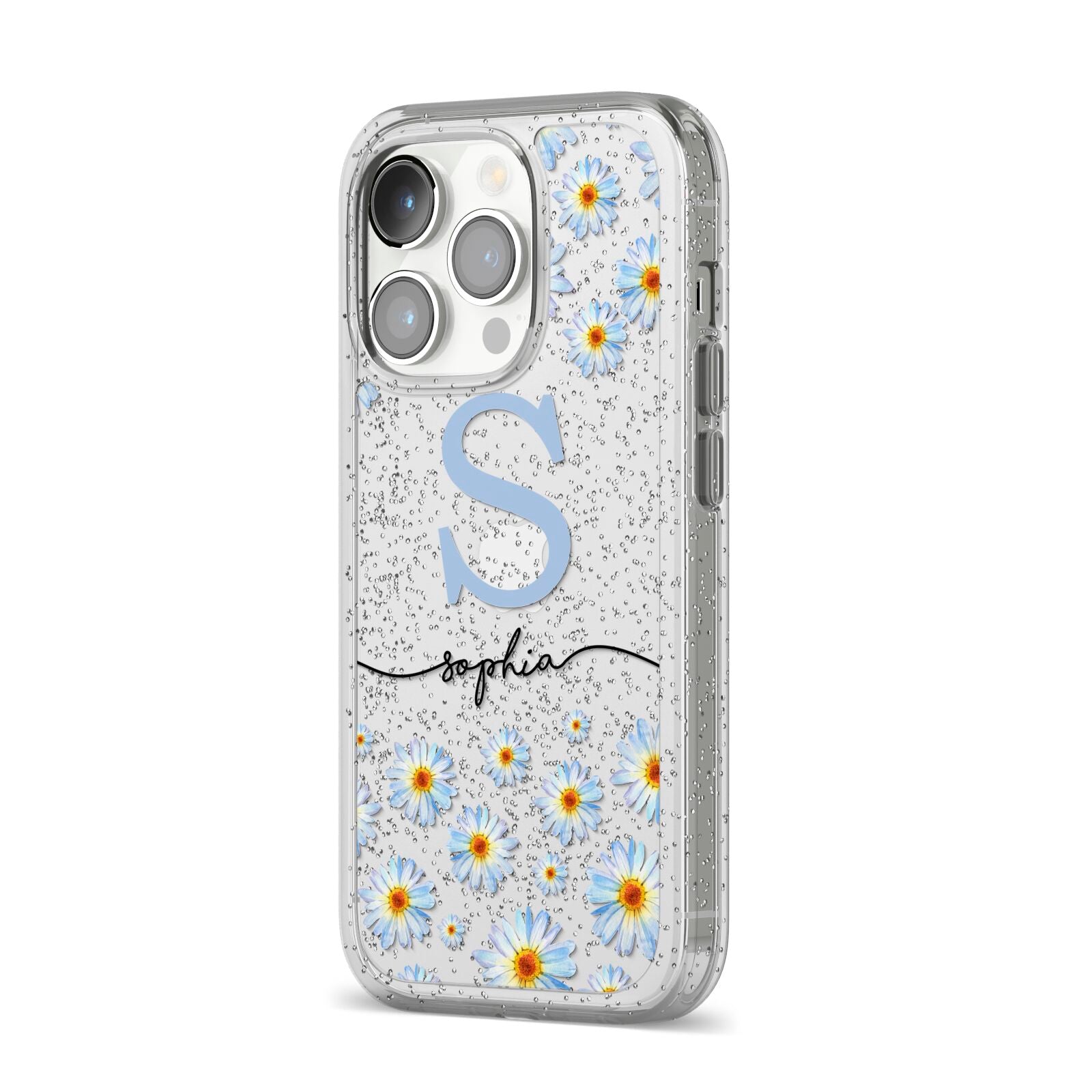 Personalised Daisy Initial Name iPhone 14 Pro Glitter Tough Case Silver Angled Image