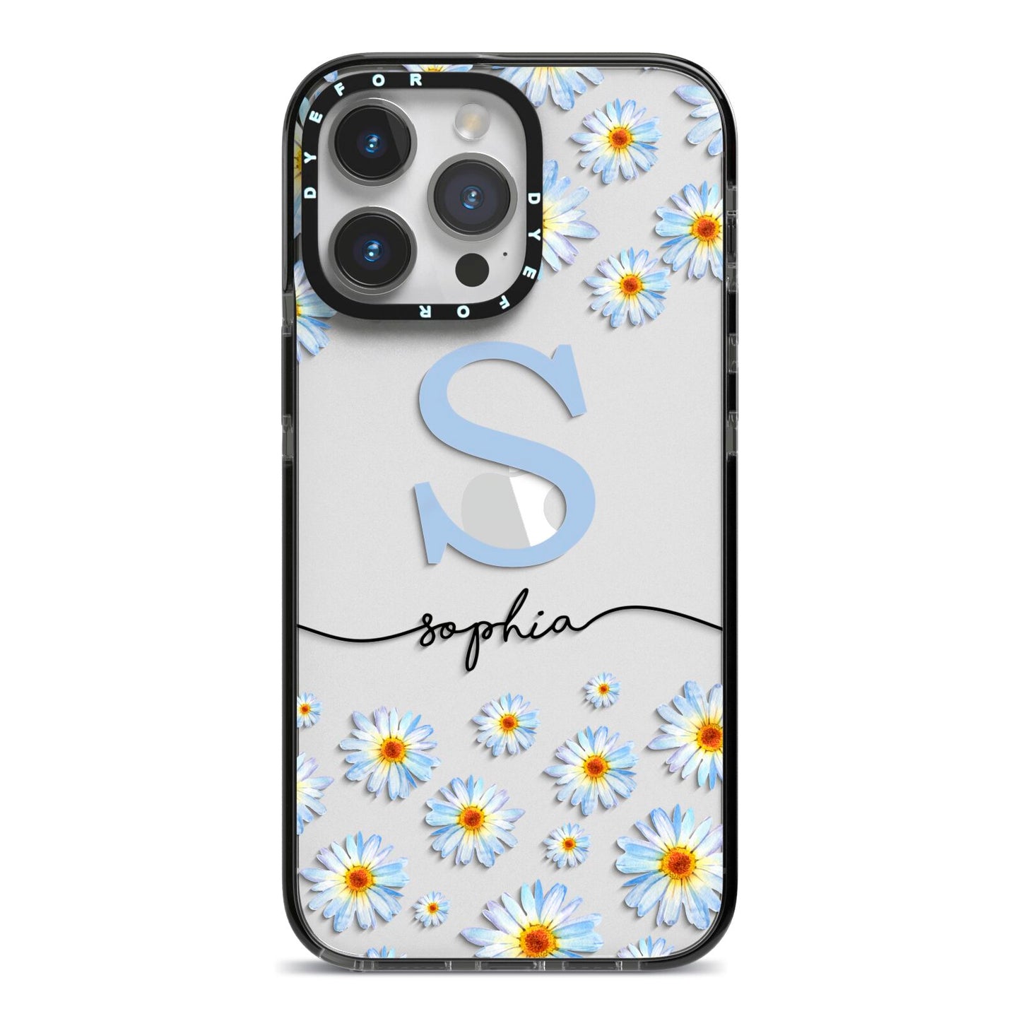 Personalised Daisy Initial Name iPhone 14 Pro Max Black Impact Case on Silver phone