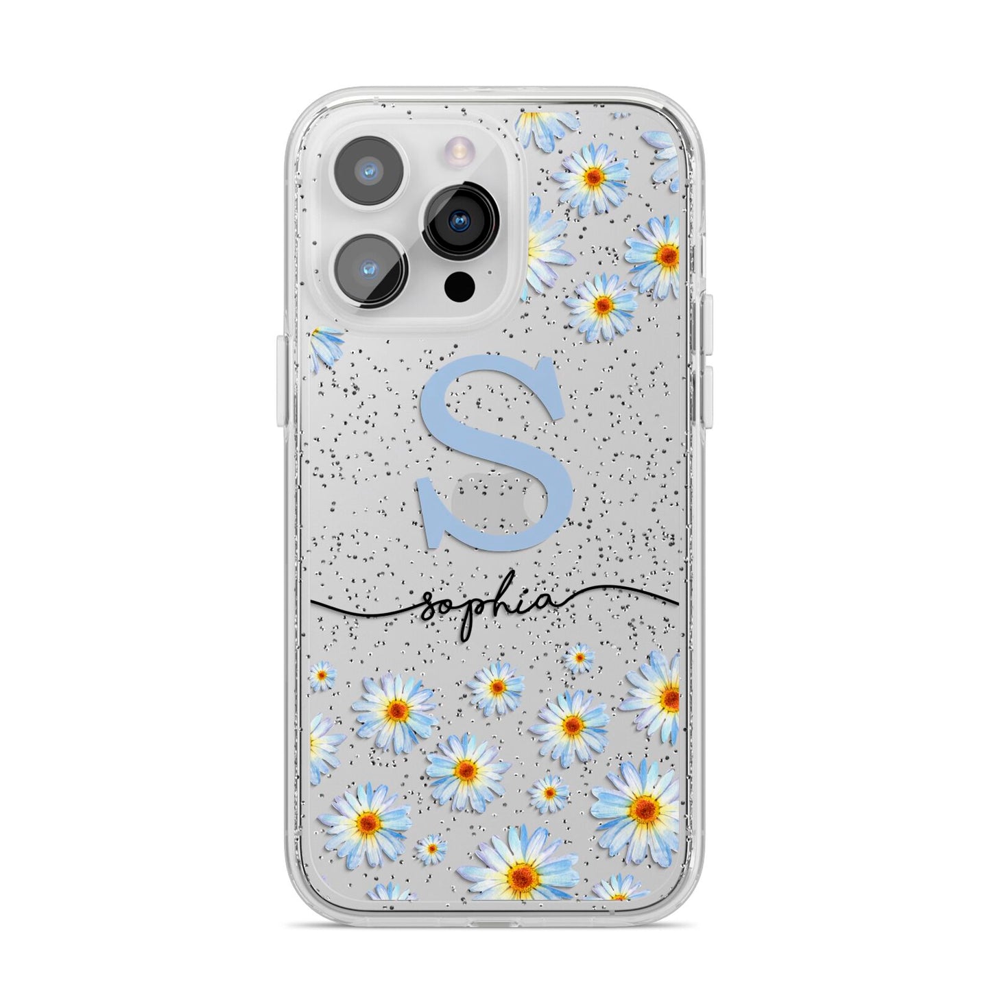 Personalised Daisy Initial Name iPhone 14 Pro Max Glitter Tough Case Silver