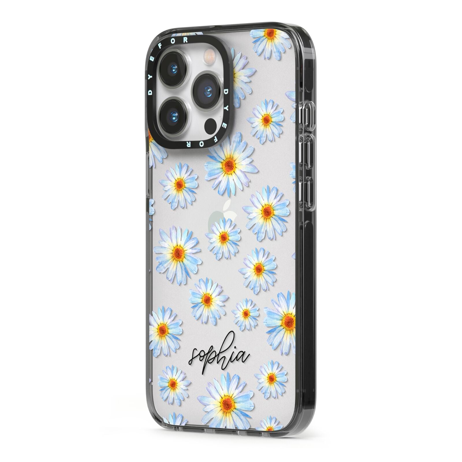 Personalised Daisy iPhone 13 Pro Black Impact Case Side Angle on Silver phone