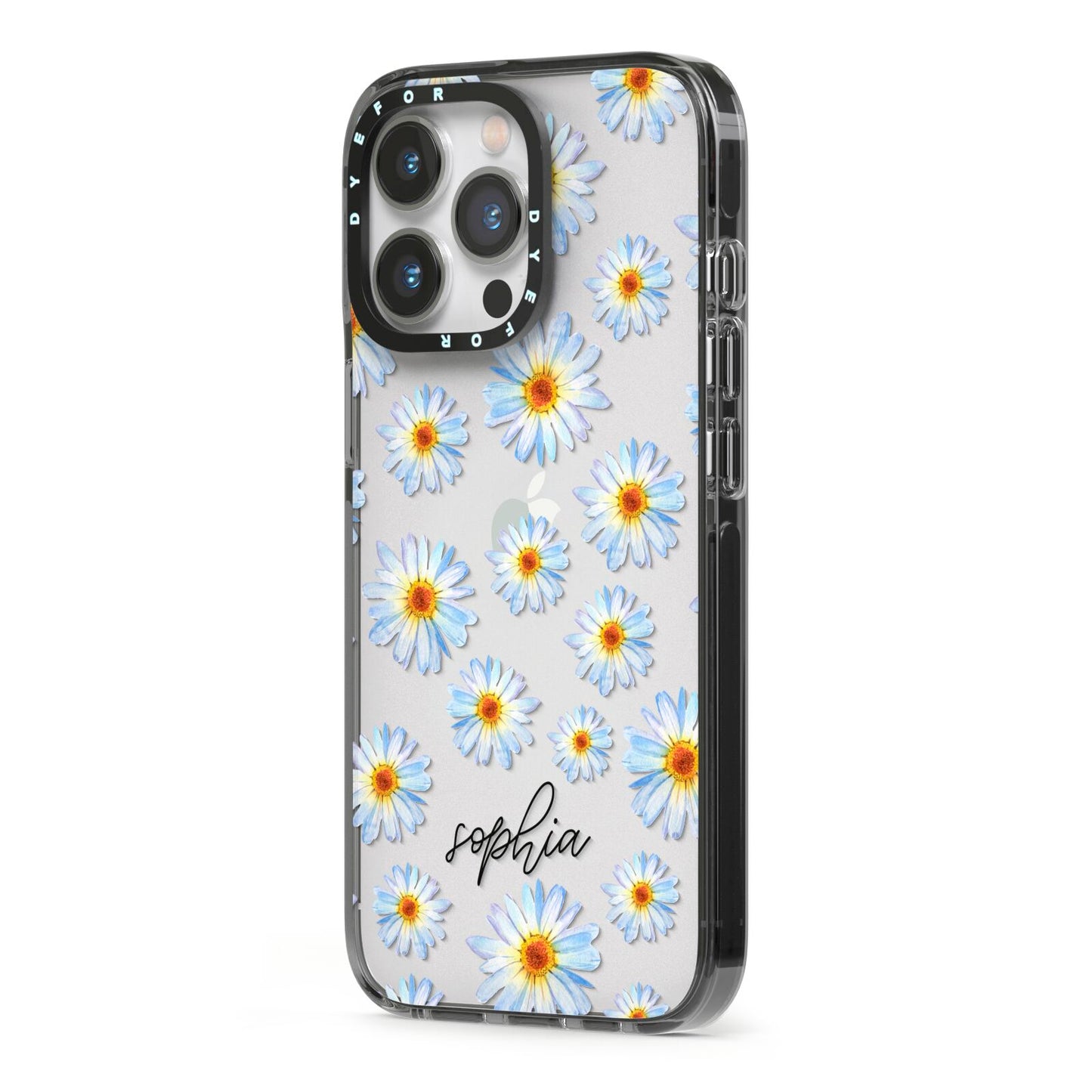 Personalised Daisy iPhone 13 Pro Black Impact Case Side Angle on Silver phone
