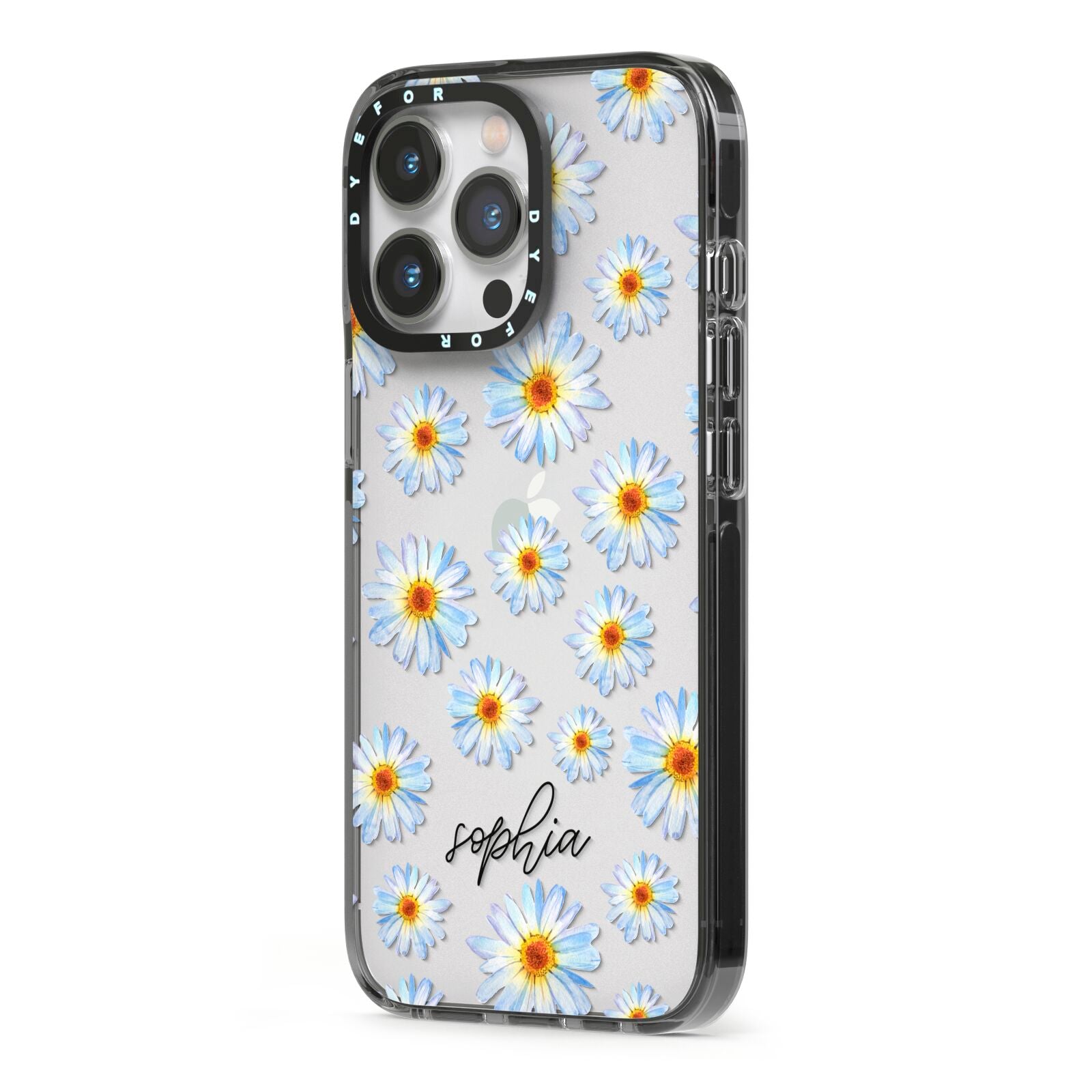 Personalised Daisy iPhone 13 Pro Black Impact Case Side Angle on Silver phone