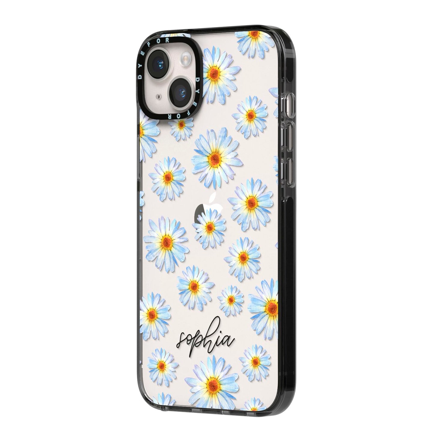Personalised Daisy iPhone 14 Plus Black Impact Case Side Angle on Silver phone