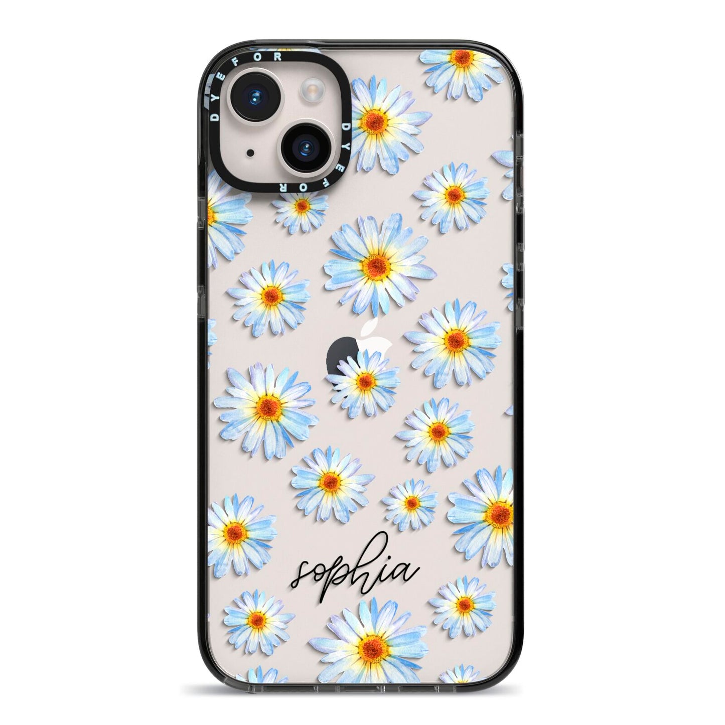 Personalised Daisy iPhone 14 Plus Black Impact Case on Silver phone