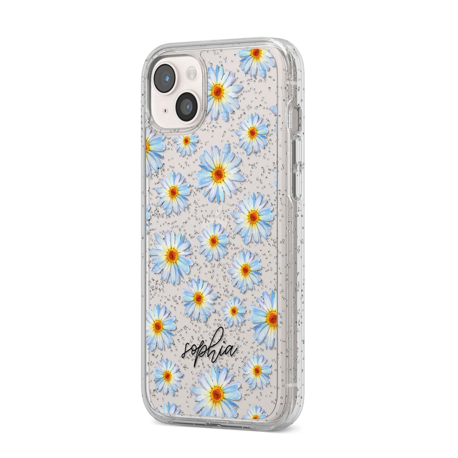 Personalised Daisy iPhone 14 Plus Glitter Tough Case Starlight Angled Image
