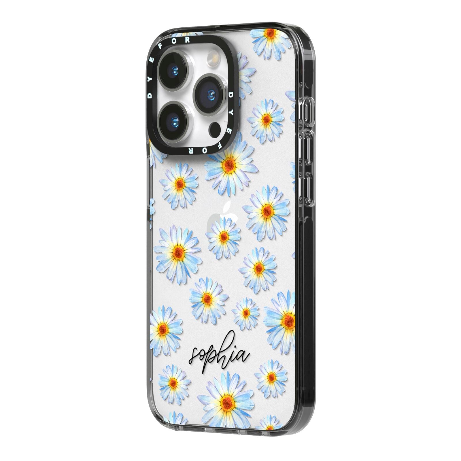 Personalised Daisy iPhone 14 Pro Black Impact Case Side Angle on Silver phone