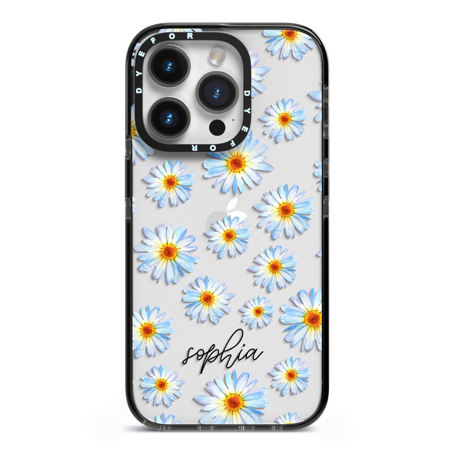 Personalised Daisy iPhone 14 Pro Black Impact Case on Silver phone