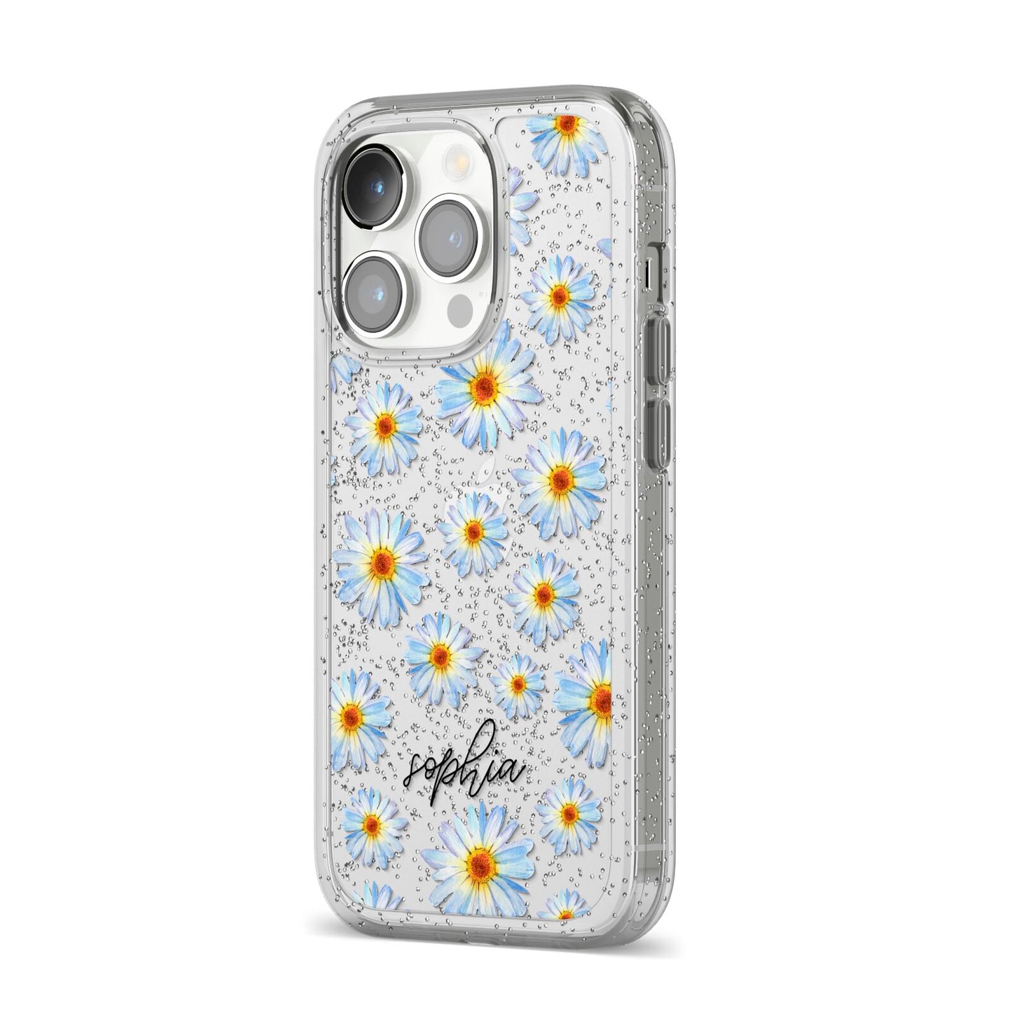 Personalised Daisy iPhone 14 Pro Glitter Tough Case Silver Angled Image