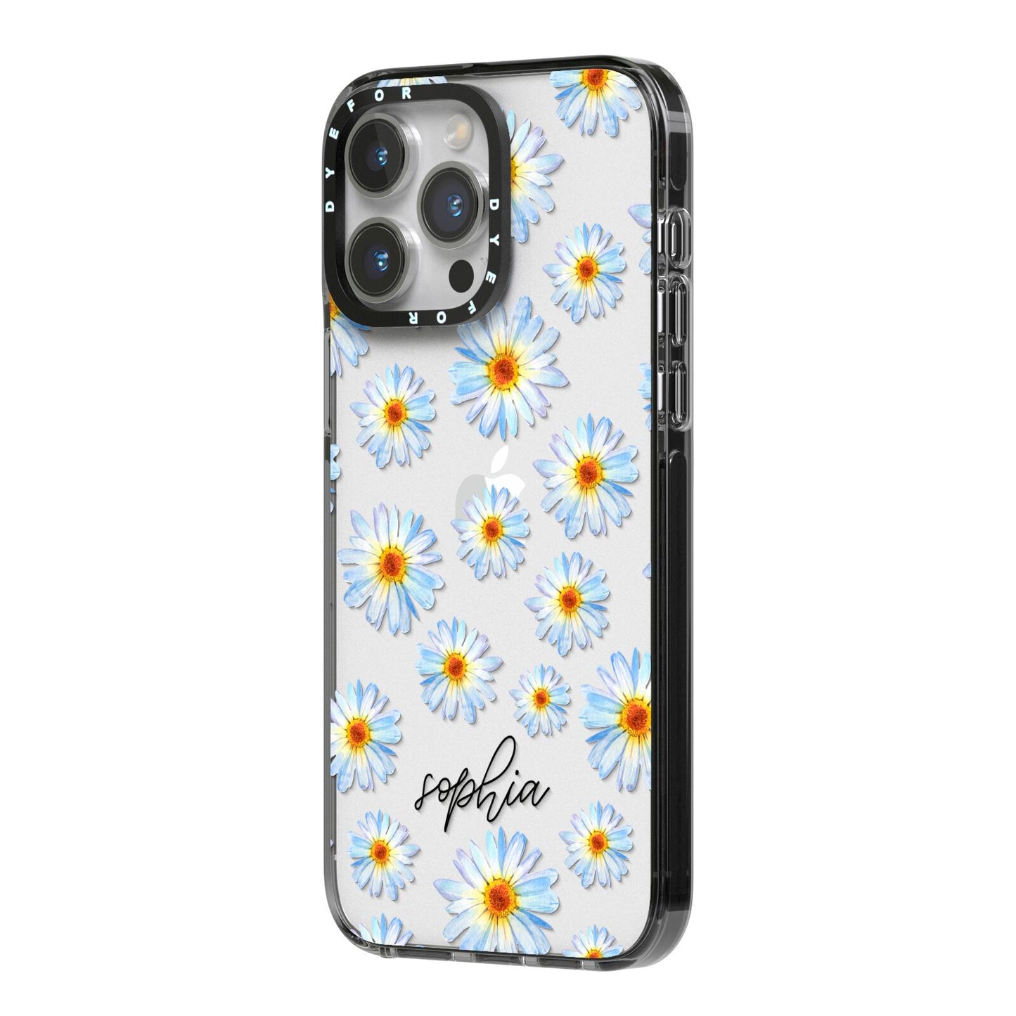 Personalised Daisy iPhone 14 Pro Max Black Impact Case Side Angle on Silver phone