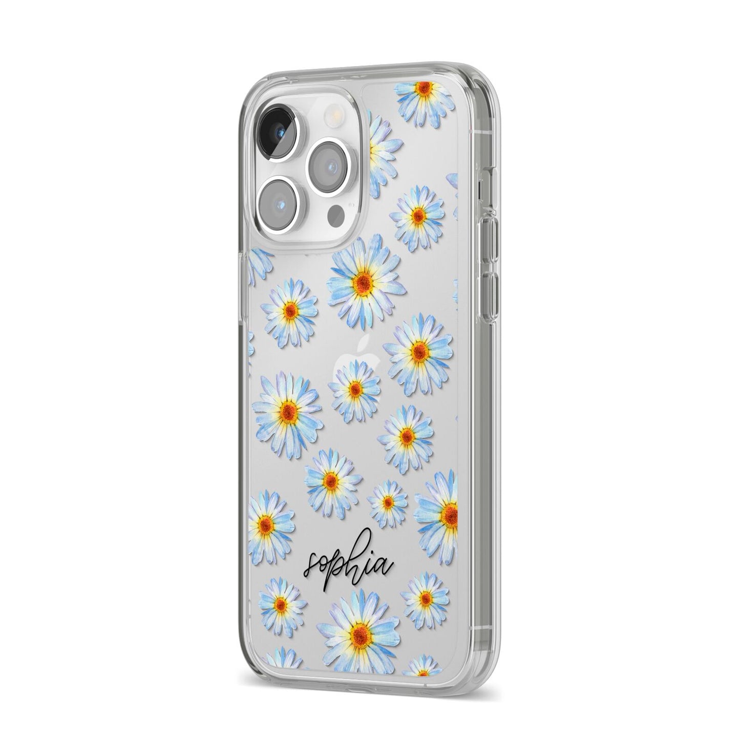 Personalised Daisy iPhone 14 Pro Max Clear Tough Case Silver Angled Image