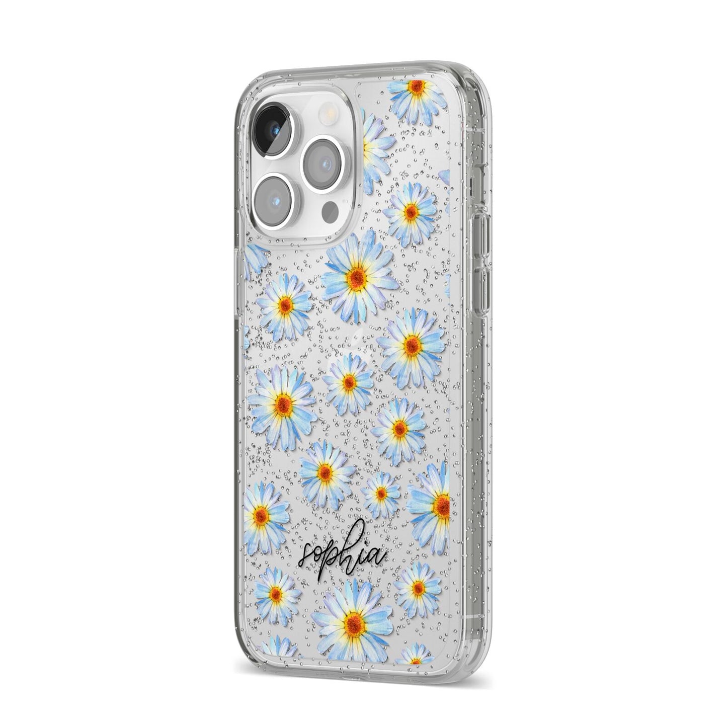 Personalised Daisy iPhone 14 Pro Max Glitter Tough Case Silver Angled Image