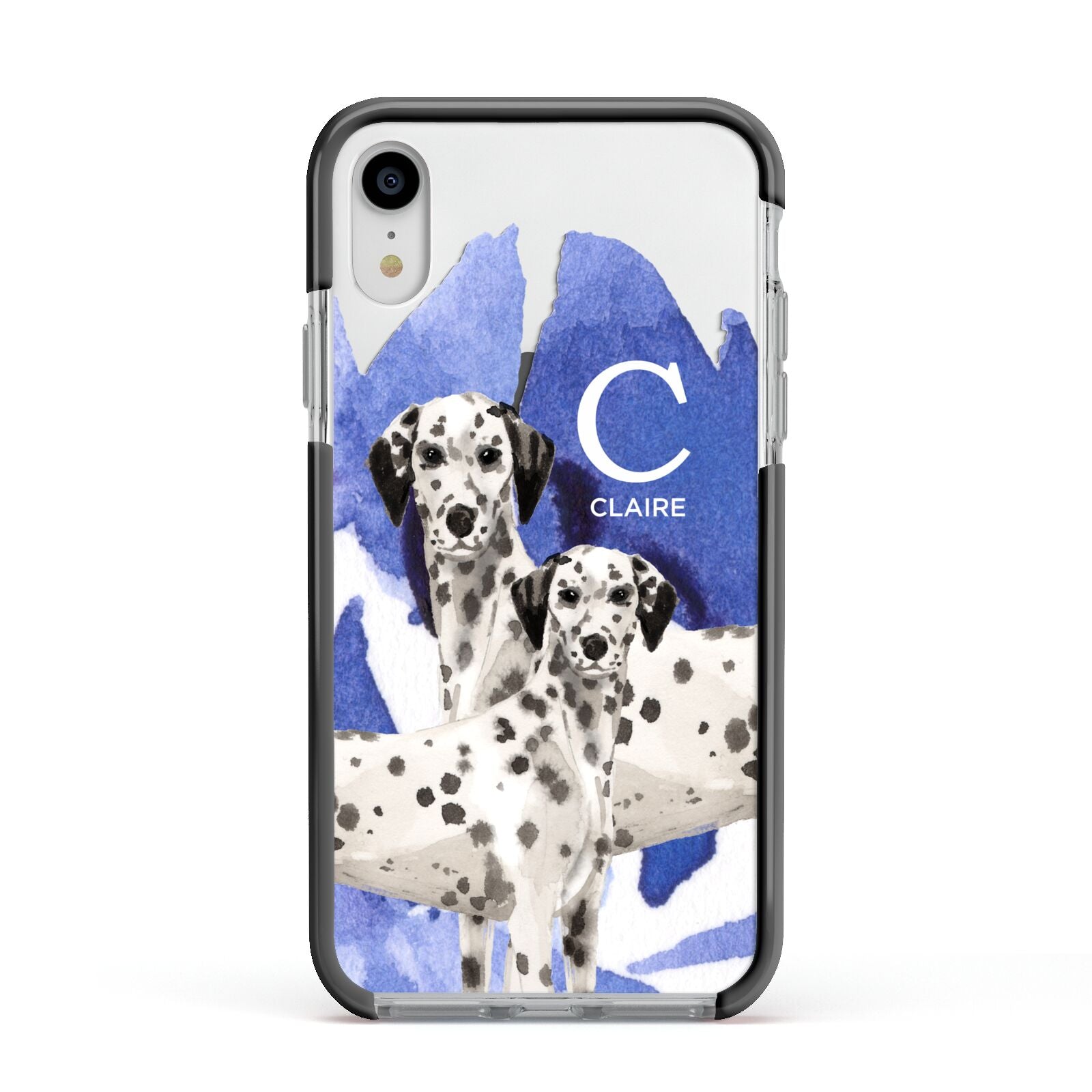Personalised Dalmatian Apple iPhone XR Impact Case Black Edge on Silver Phone