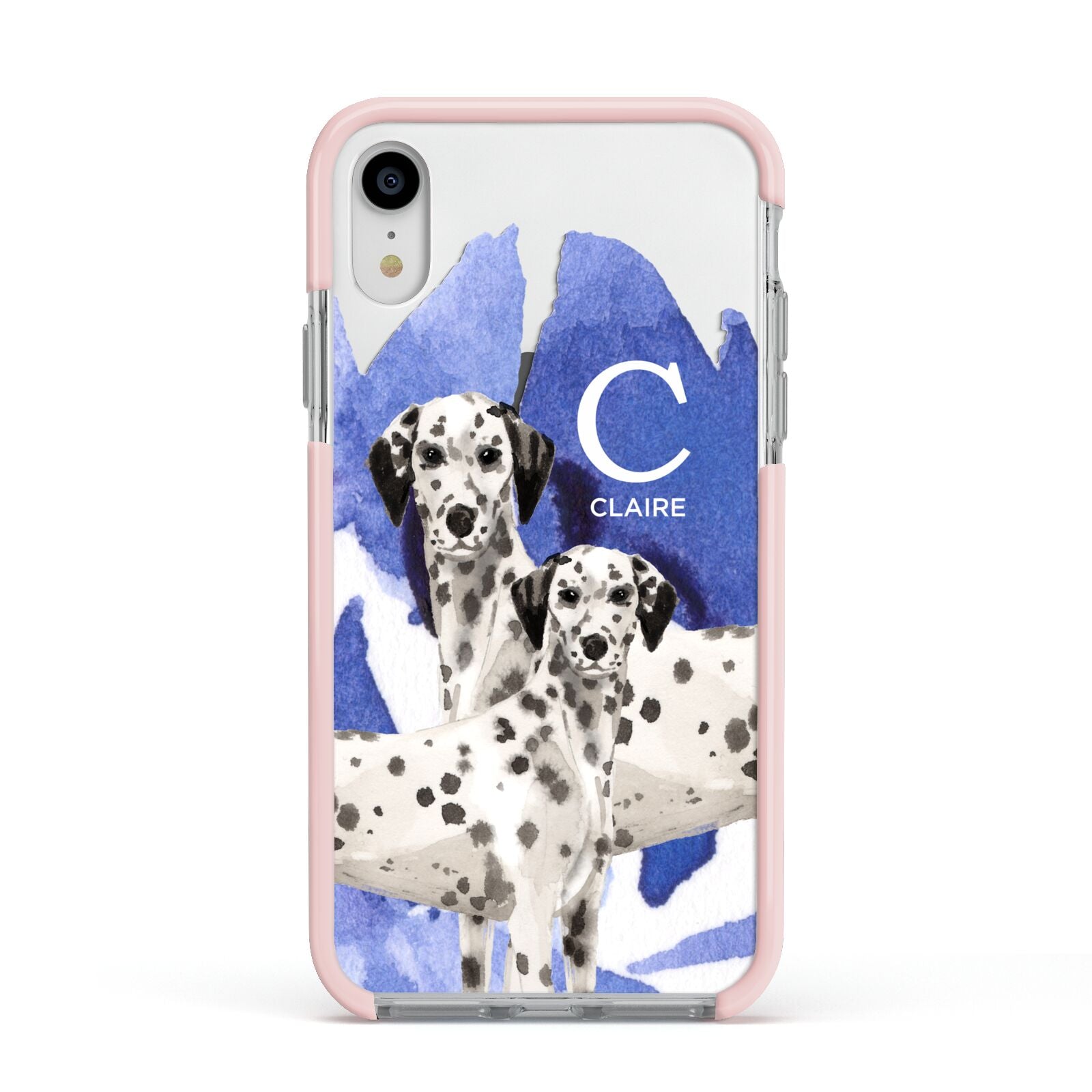 Personalised Dalmatian Apple iPhone XR Impact Case Pink Edge on Silver Phone