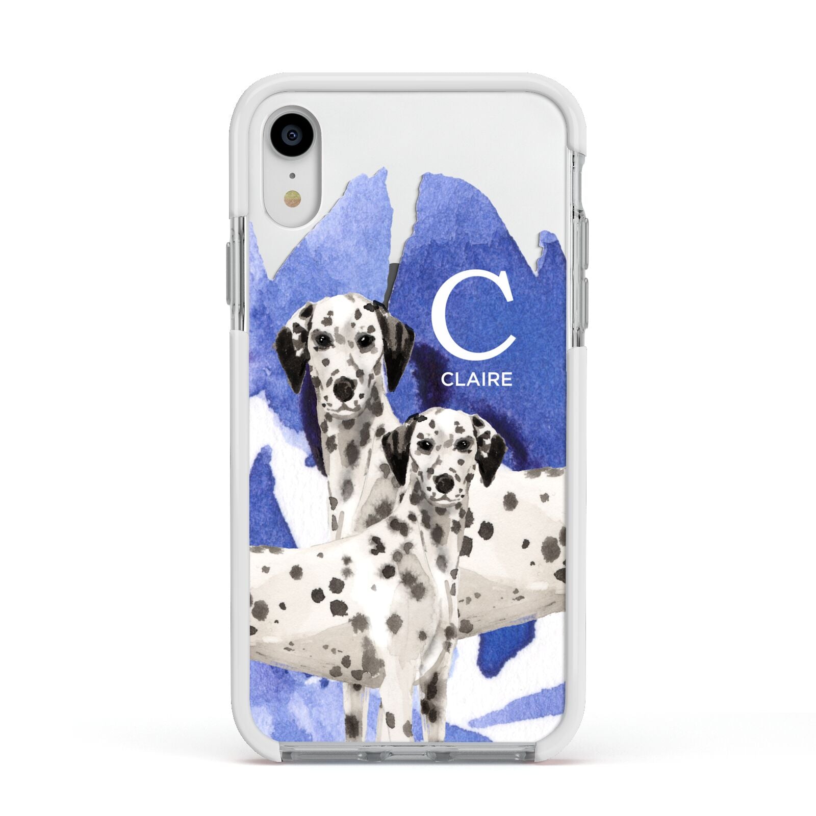 Personalised Dalmatian Apple iPhone XR Impact Case White Edge on Silver Phone