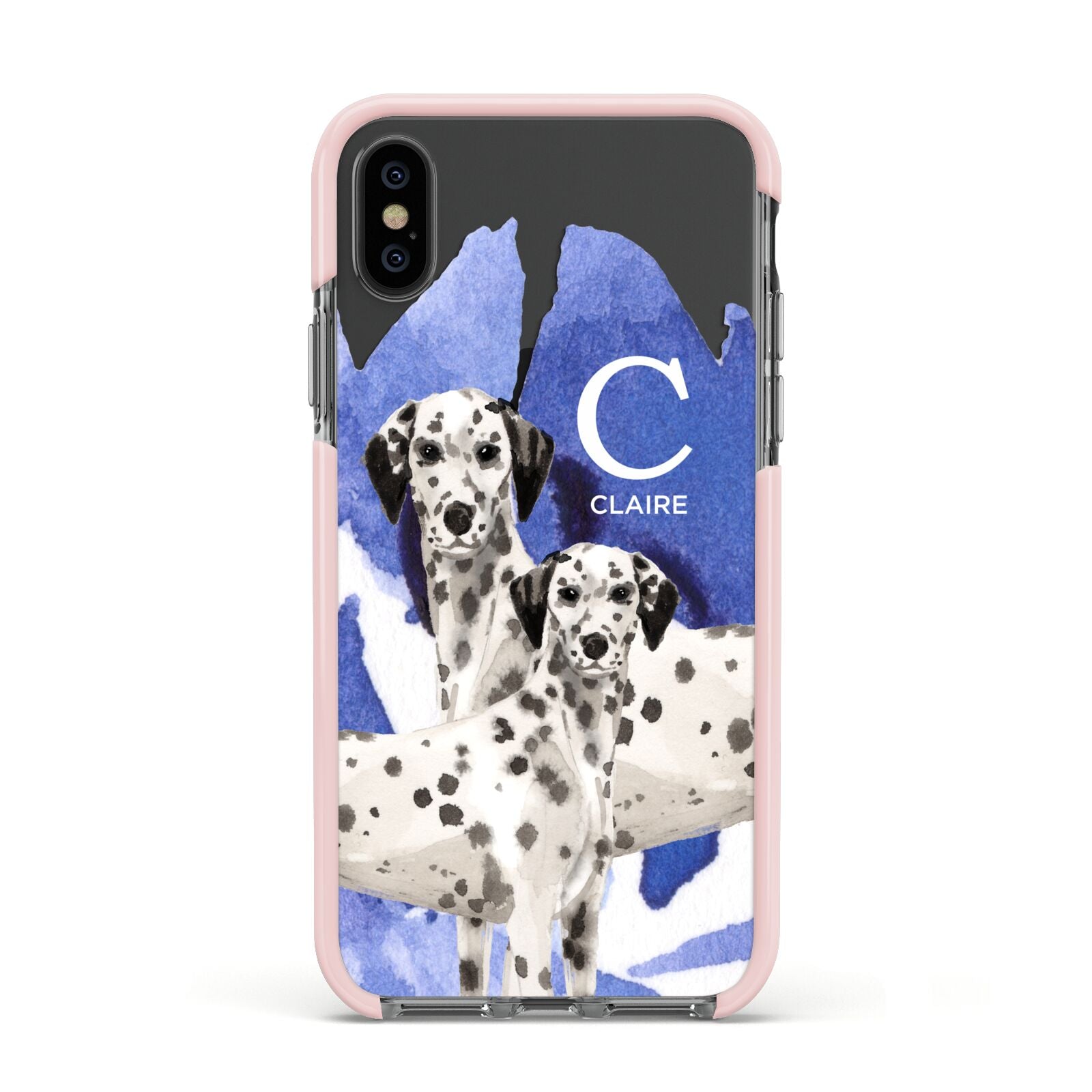 Personalised Dalmatian Apple iPhone Xs Impact Case Pink Edge on Black Phone