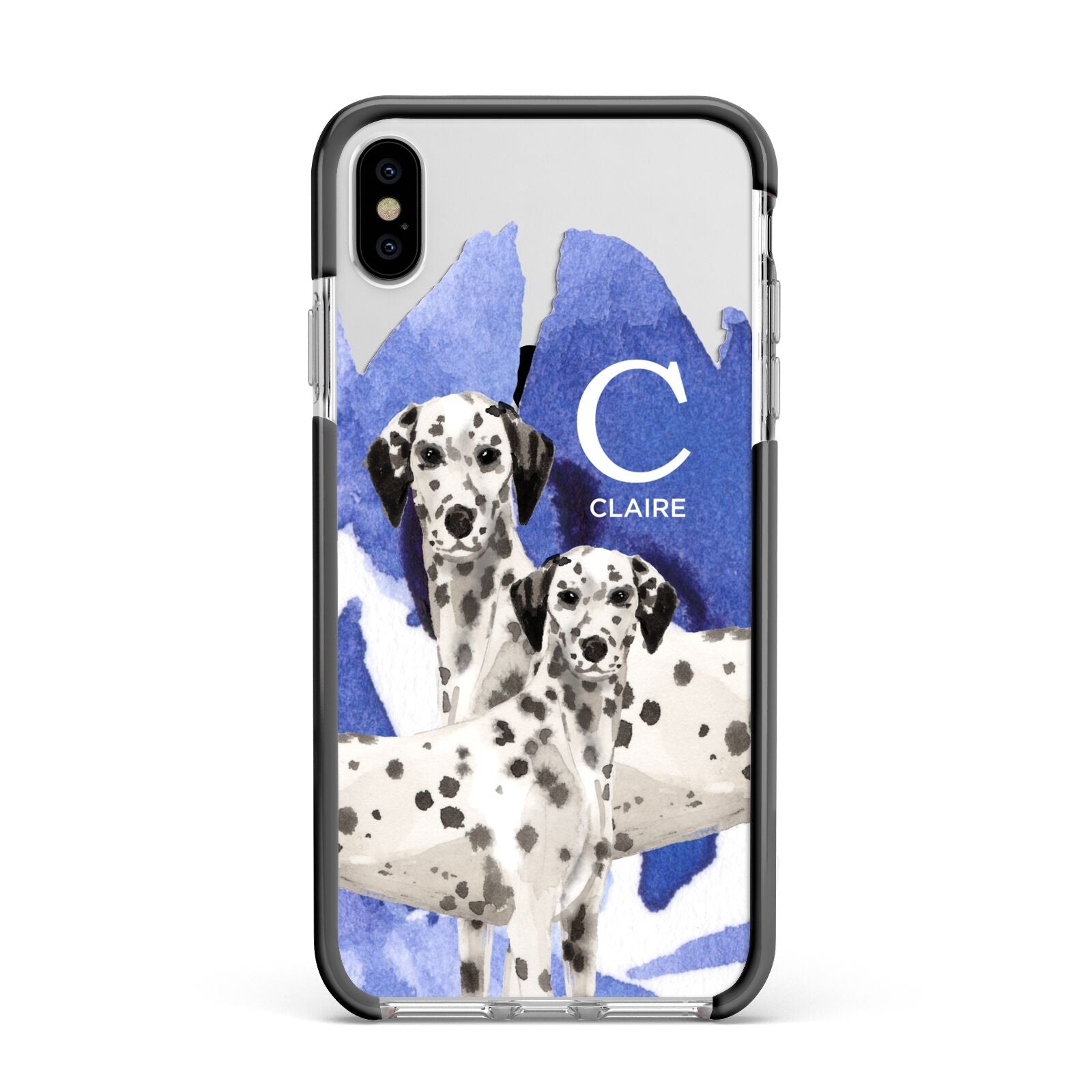 Personalised Dalmatian Apple iPhone Xs Max Impact Case Black Edge on Silver Phone