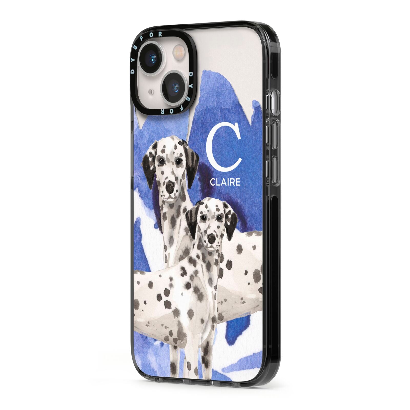 Personalised Dalmatian iPhone 13 Black Impact Case Side Angle on Silver phone