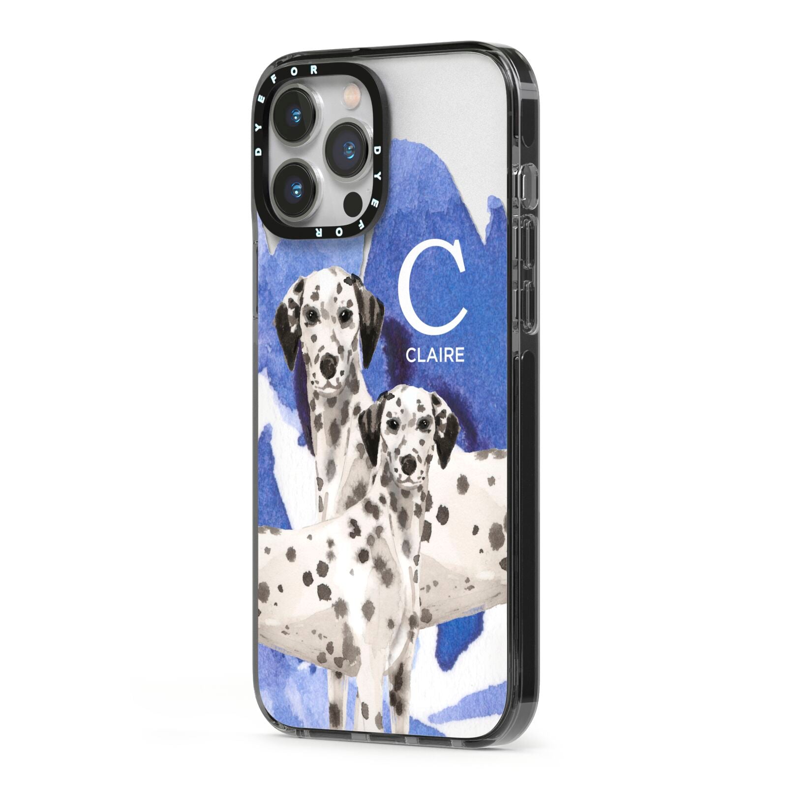 Personalised Dalmatian iPhone 13 Pro Max Black Impact Case Side Angle on Silver phone