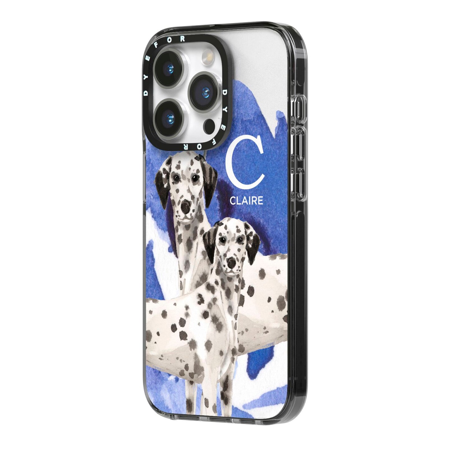Personalised Dalmatian iPhone 14 Pro Black Impact Case Side Angle on Silver phone