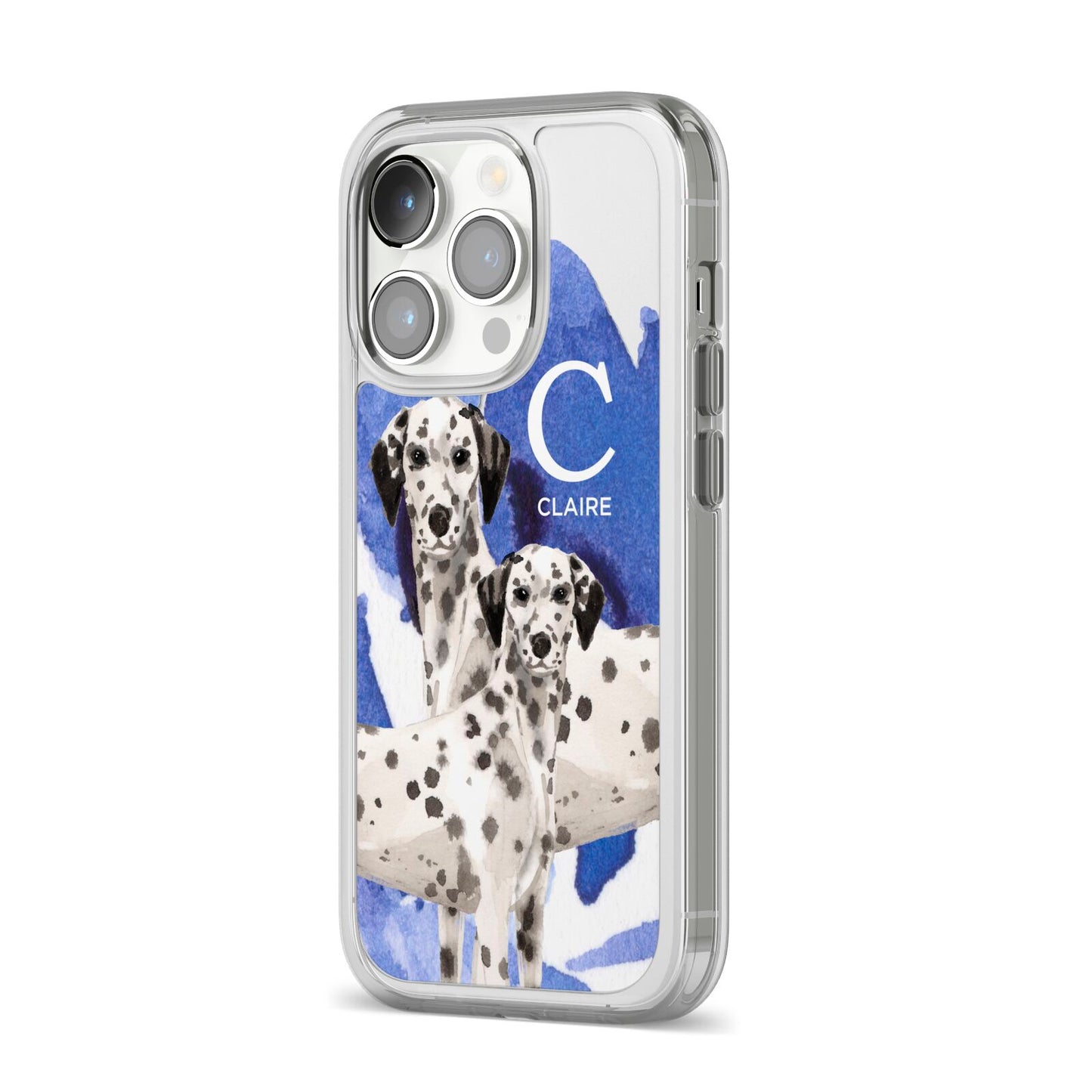 Personalised Dalmatian iPhone 14 Pro Clear Tough Case Silver Angled Image