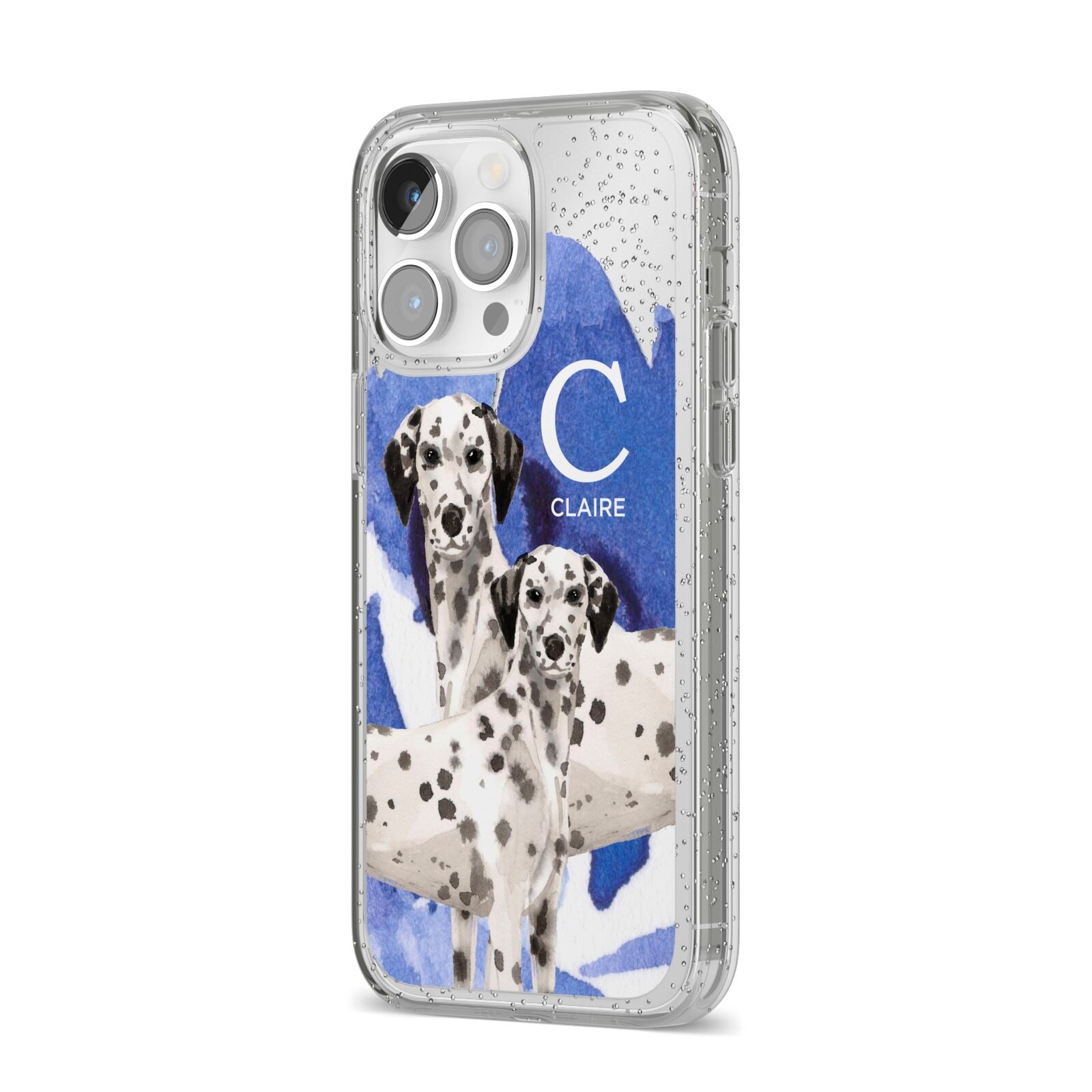 Personalised Dalmatian iPhone 14 Pro Max Glitter Tough Case Silver Angled Image