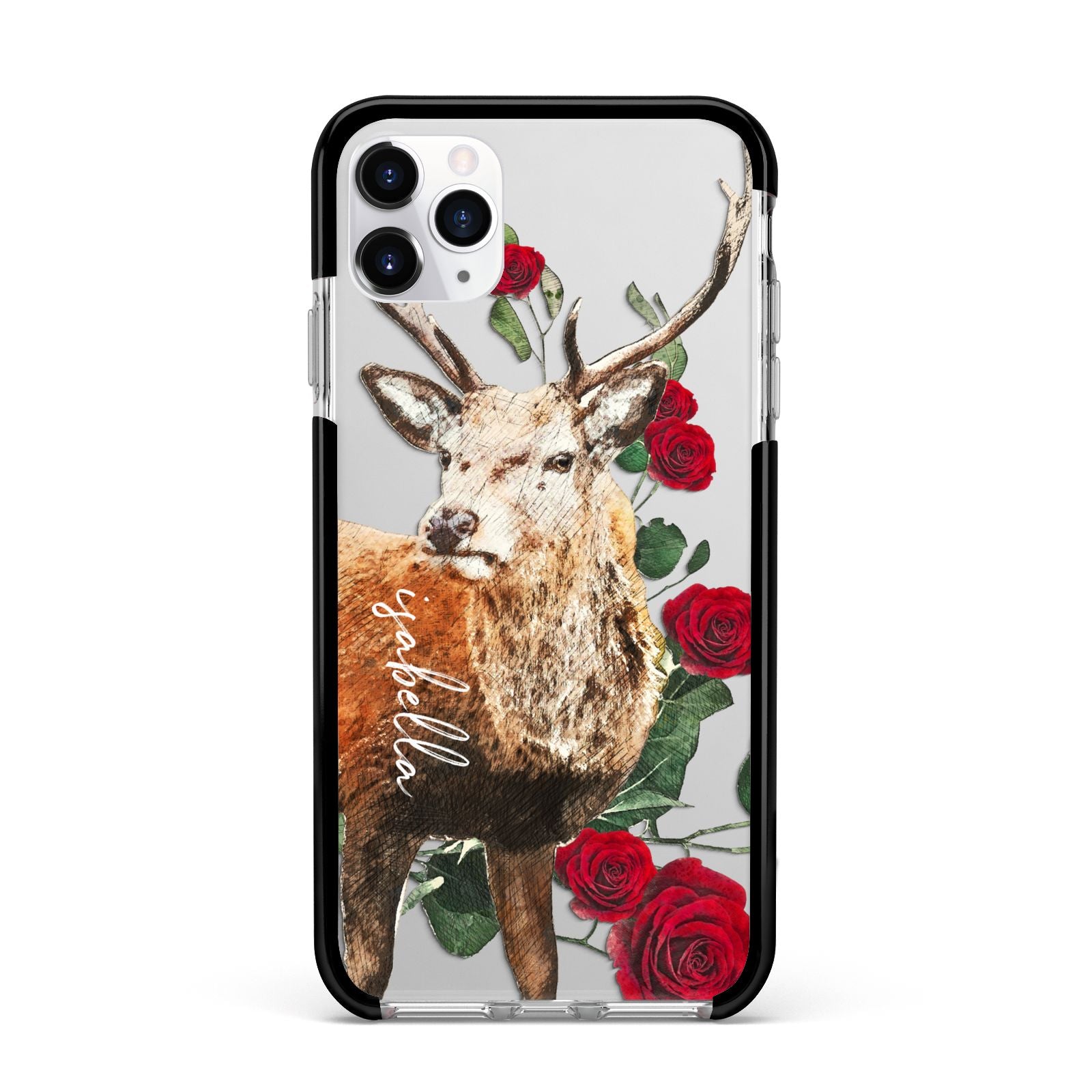Personalised Deer Name Apple iPhone 11 Pro Max in Silver with Black Impact Case