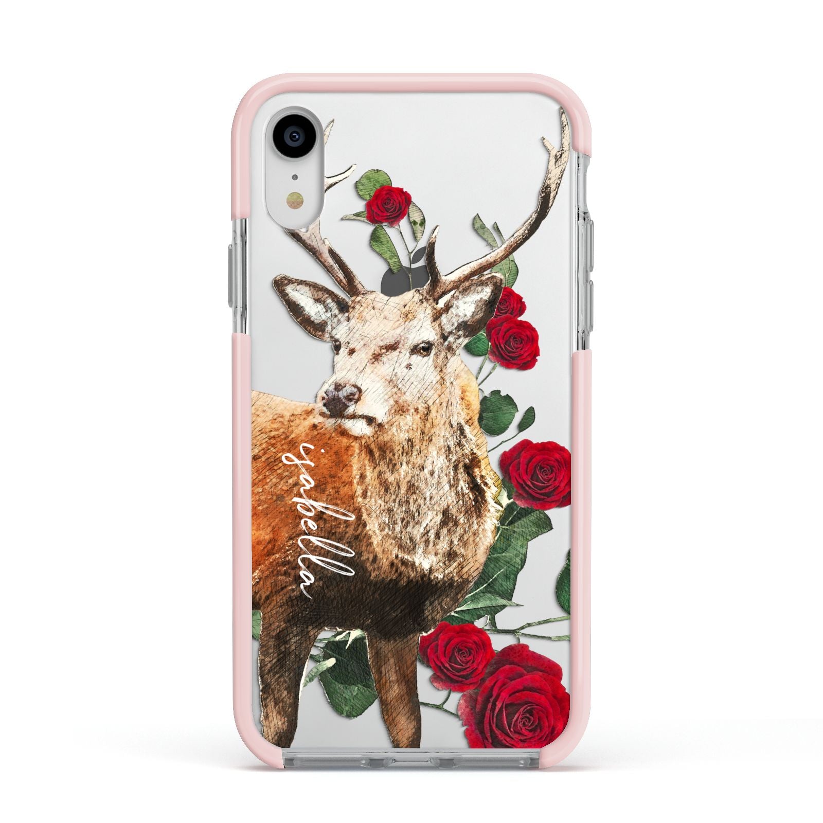 Personalised Deer Name Apple iPhone XR Impact Case Pink Edge on Silver Phone
